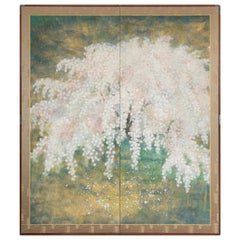 Paravent japonais à deux panneaux, fleurs de cerisier en fleurs de nuit