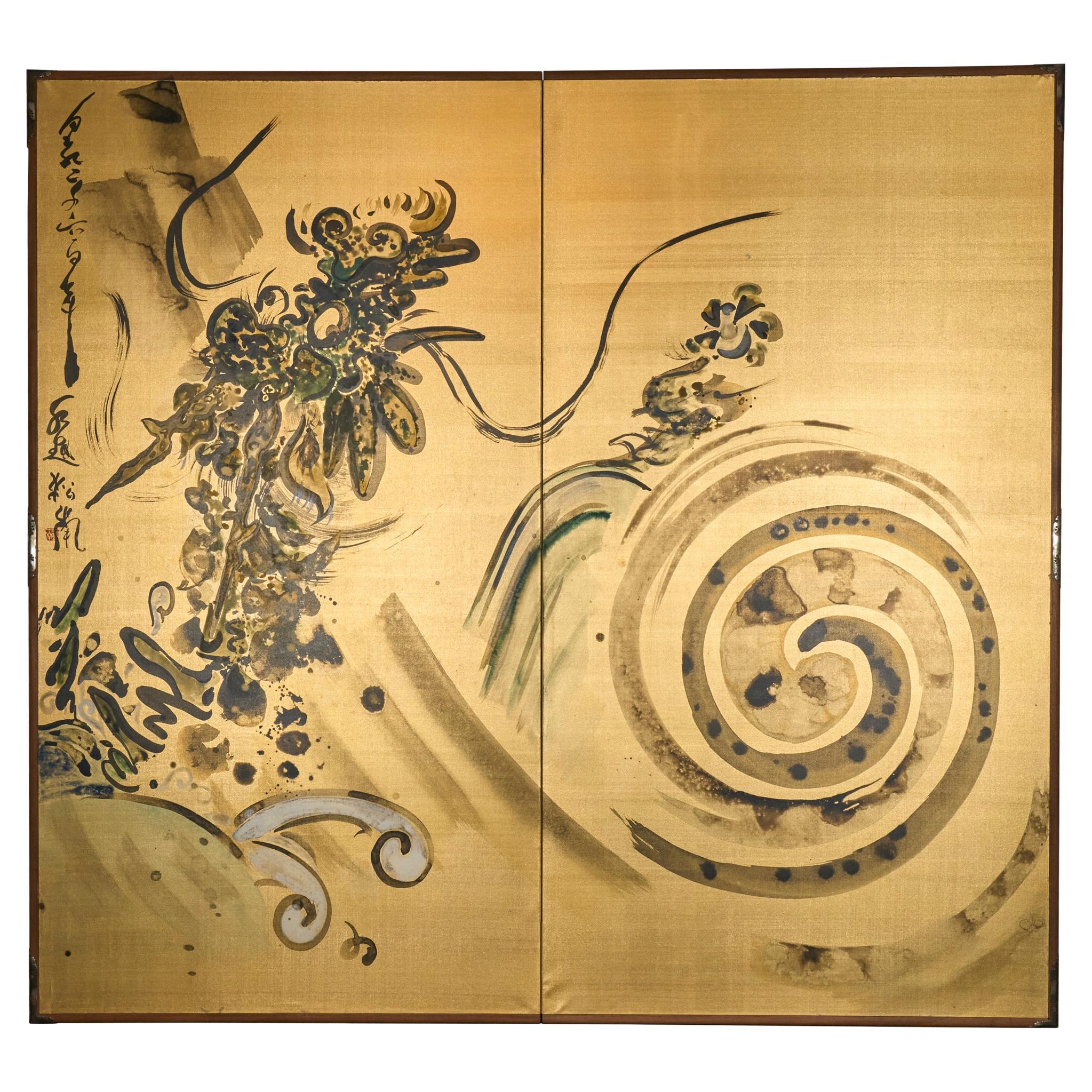 Japanischer Zwei-Panel-Bildschirm: Skurriler Drache