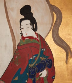 Japanese Two Panel Screen: White Elephant and a Beauty