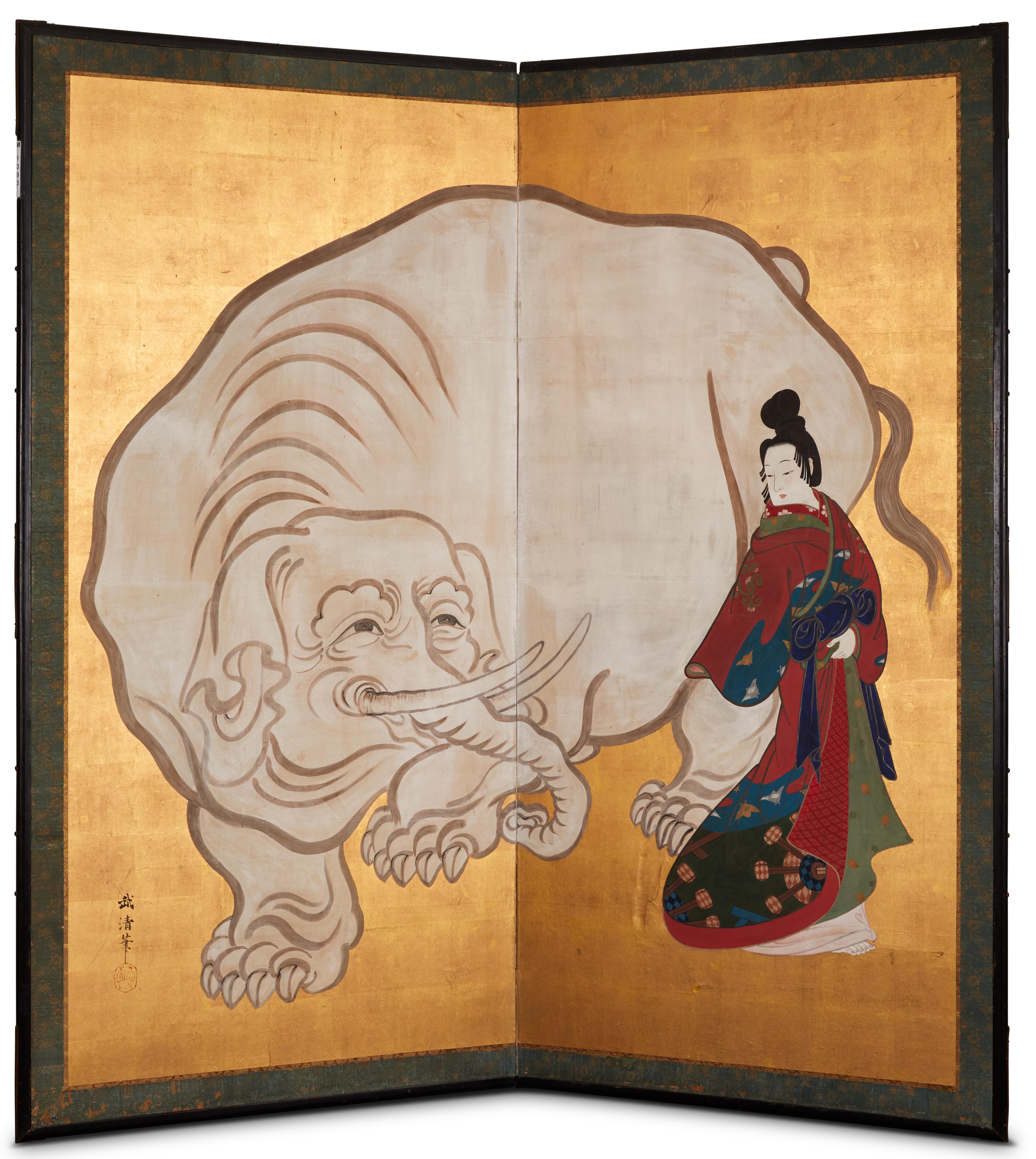 Brocade Japanese Two Panel Screen: White Elephant and a Beauty For Sale