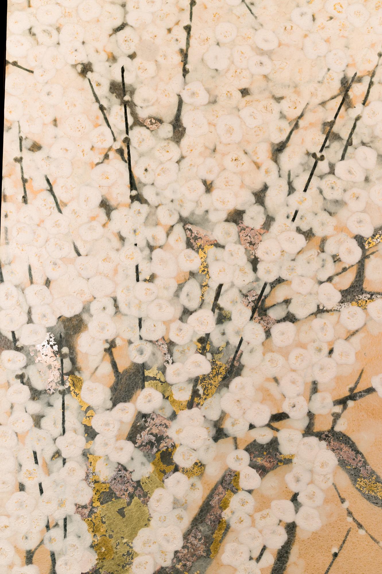 A blooming white plum tree made entirely of carefully arranged mulberry paper fibers in a Japanese art practice called Obara. Accented with gold dust. Incredible craftsmanship and a wonderful rendering of flowers and branches. Made by Yamauchi Issei