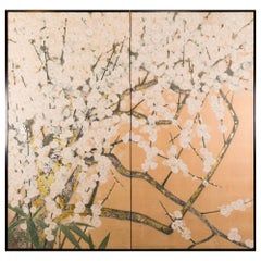 Japanese Two Panel Screen White Plum, Rare Obara Paper Art Screen