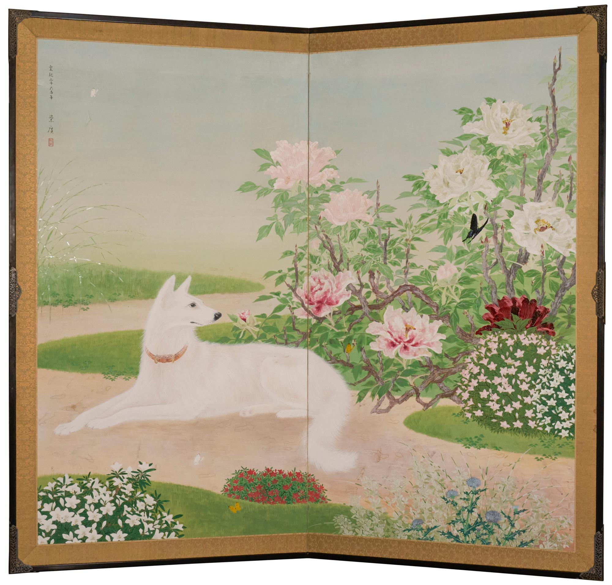 Japanese Two Panel Screen: White Shepard For Sale 9
