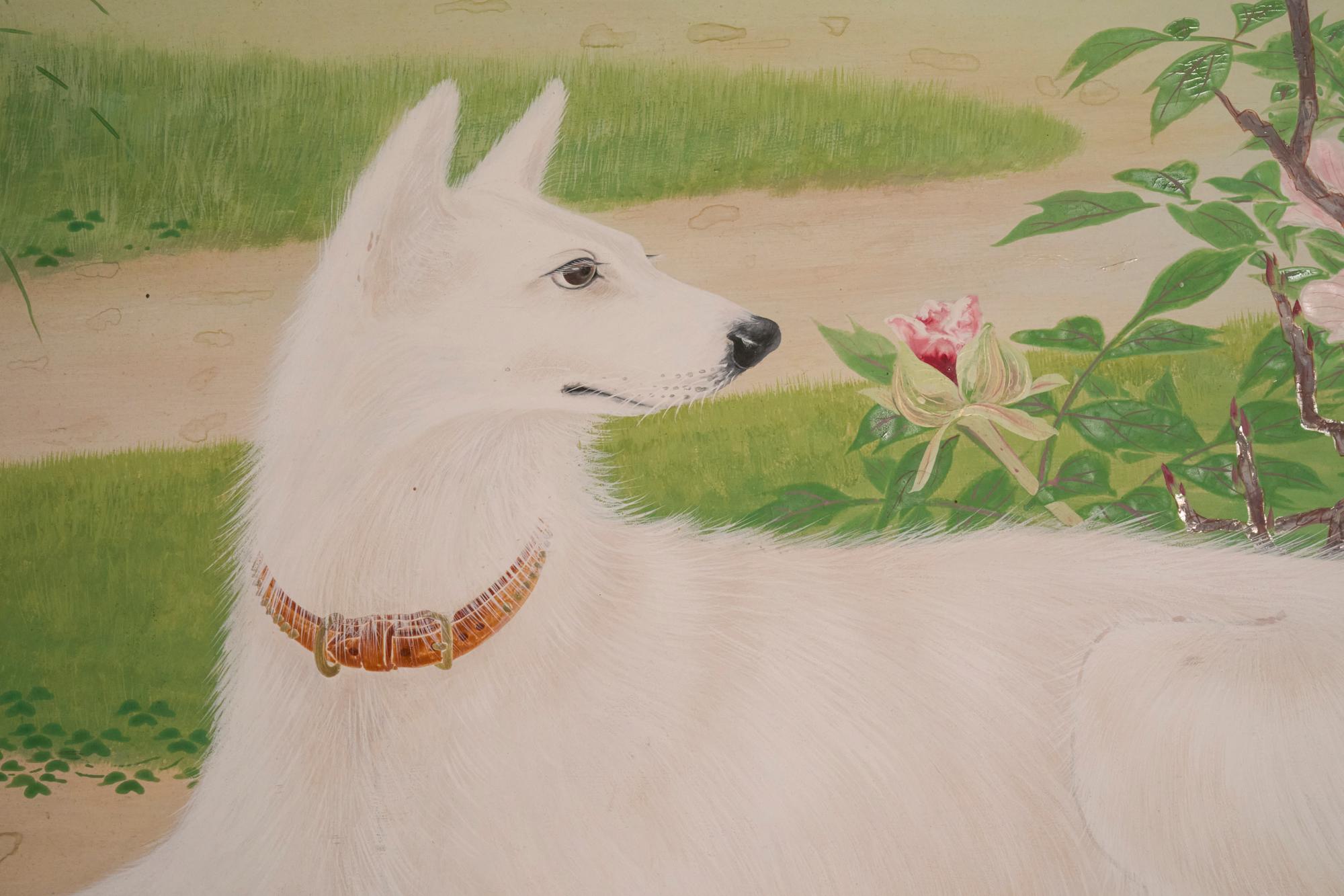 White Shepard reclining in a garden pathway surrounded by tree peony, azaleas and thistle. Mineral pigments on paper with silk brocade border and black lacquer trim with elaborate bronze hardware. Signature and seal read: Sakae Ikeda (1901-1992)