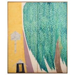 Japanese Two Panel Screen Willow Textile