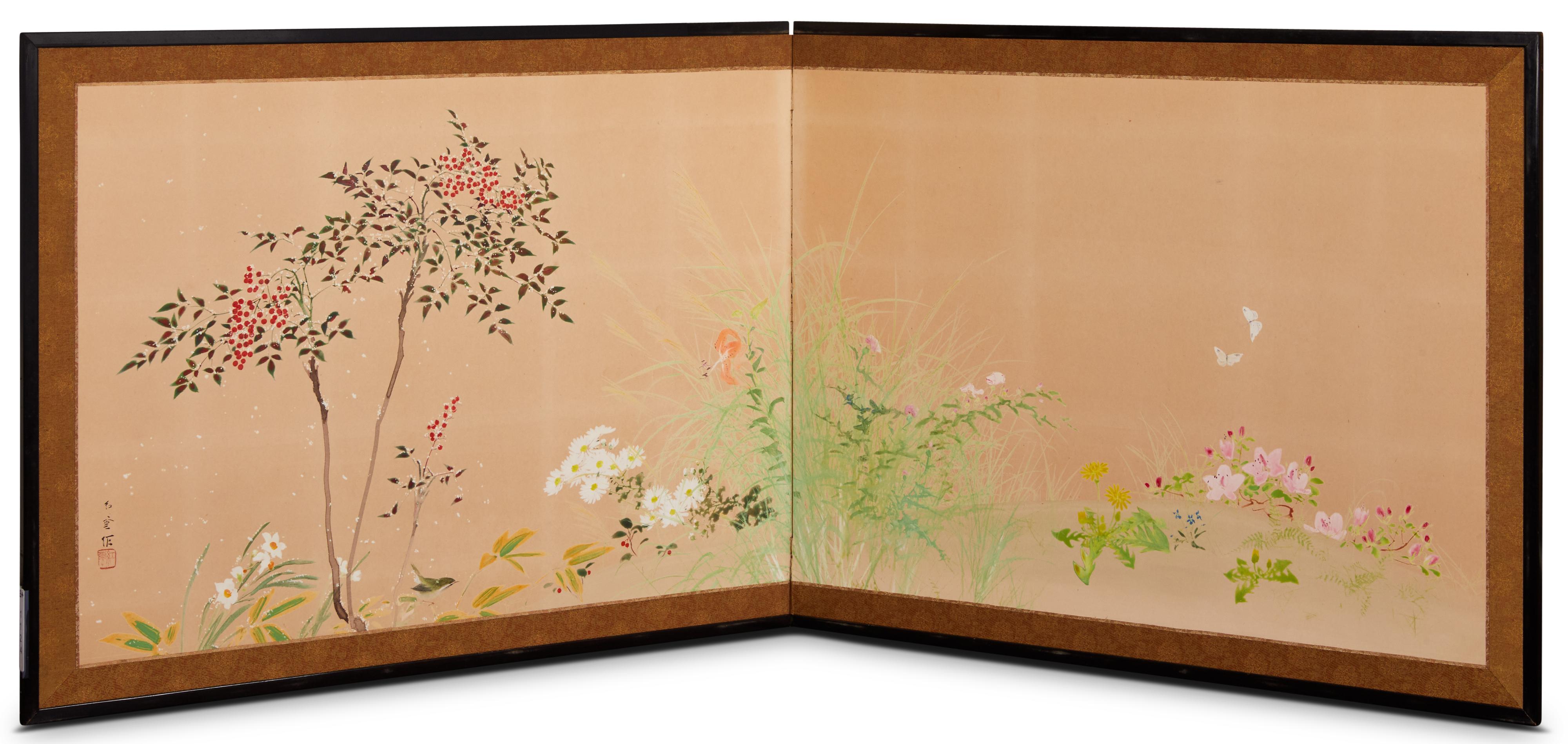 Japanese Two Panel Screen: Winter into Spring Floral Landscape For Sale 5
