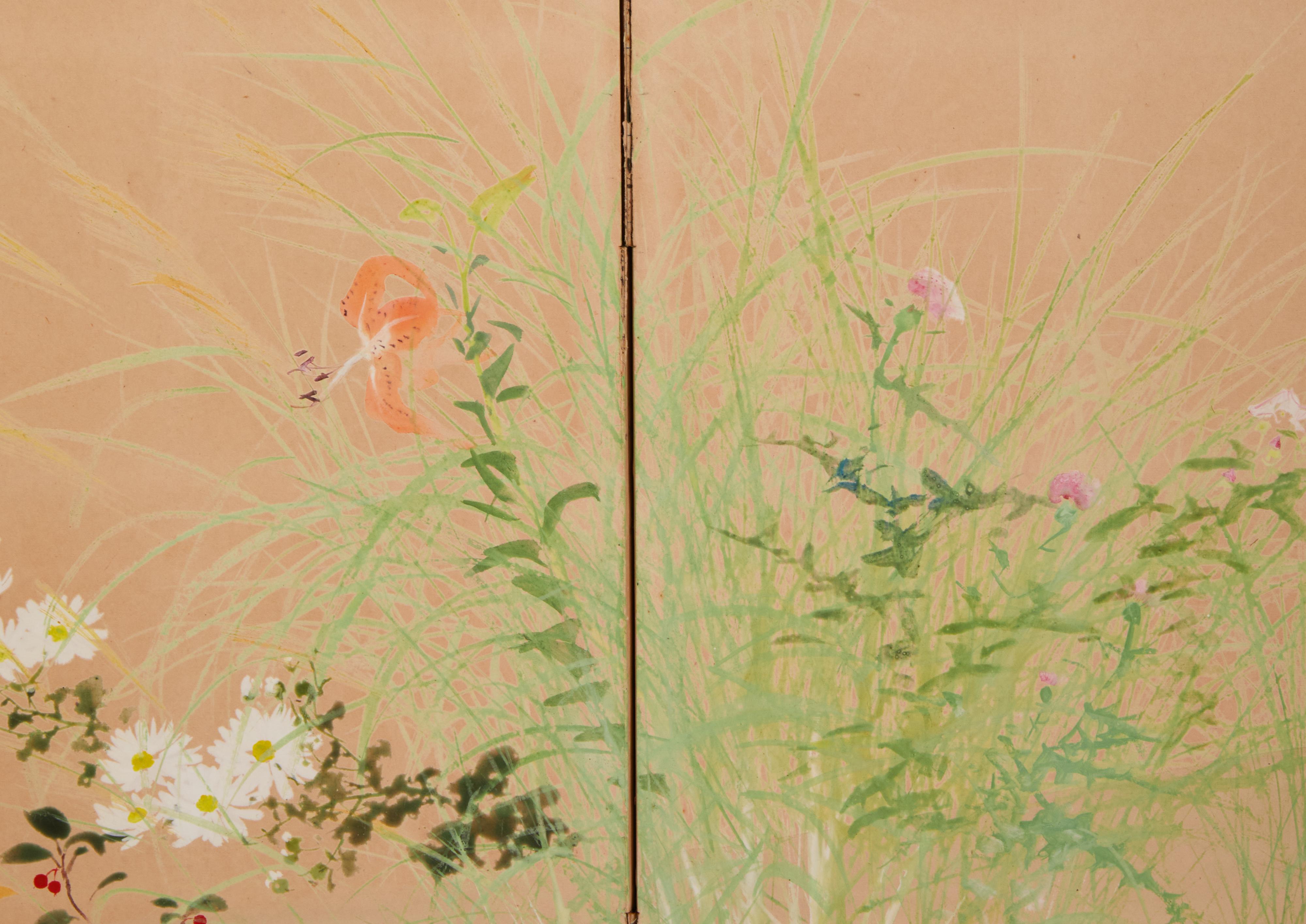20ième siècle Paravent japonais à deux panneaux : paysage floral d'hiver en printemps en vente
