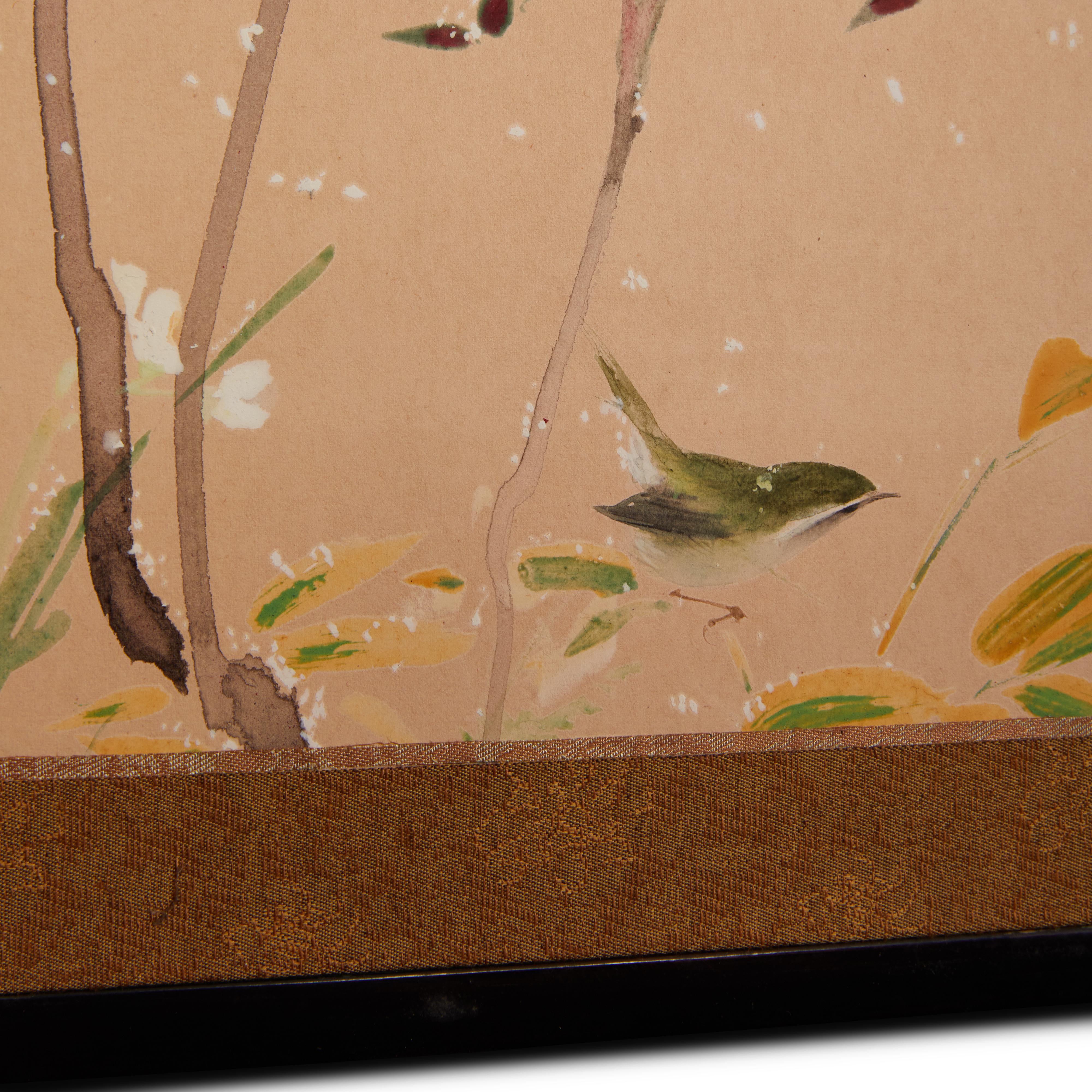 Japanese Two Panel Screen: Winter into Spring Floral Landscape For Sale 1