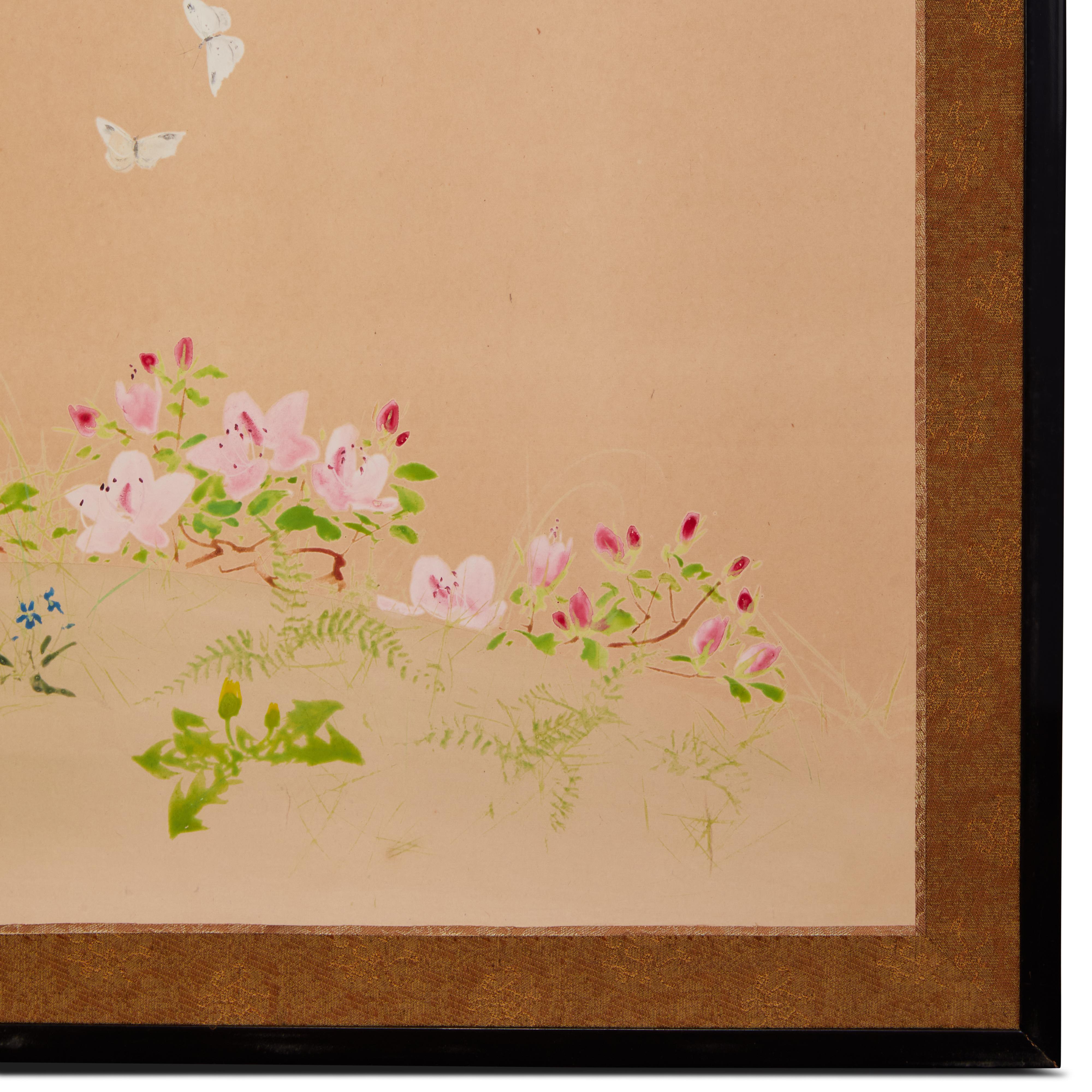 Japanese Two Panel Screen: Winter into Spring Floral Landscape For Sale 3
