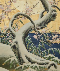 Japanese Two Panel Screen: Winter Landscape Under Moonlight