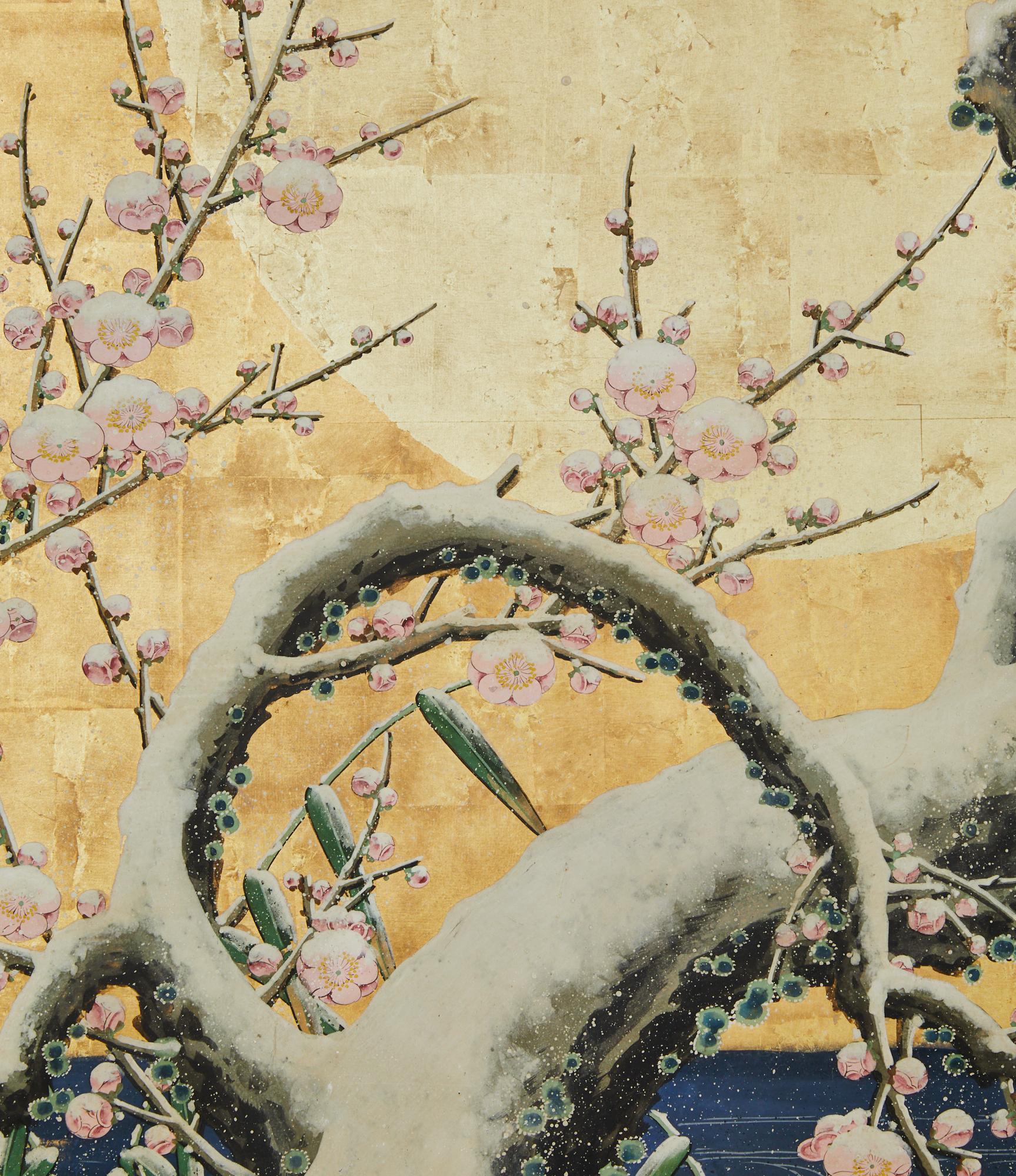 Japonais Paravent japonais à deux panneaux : paysage d'hiver sous lumière de la lune en vente