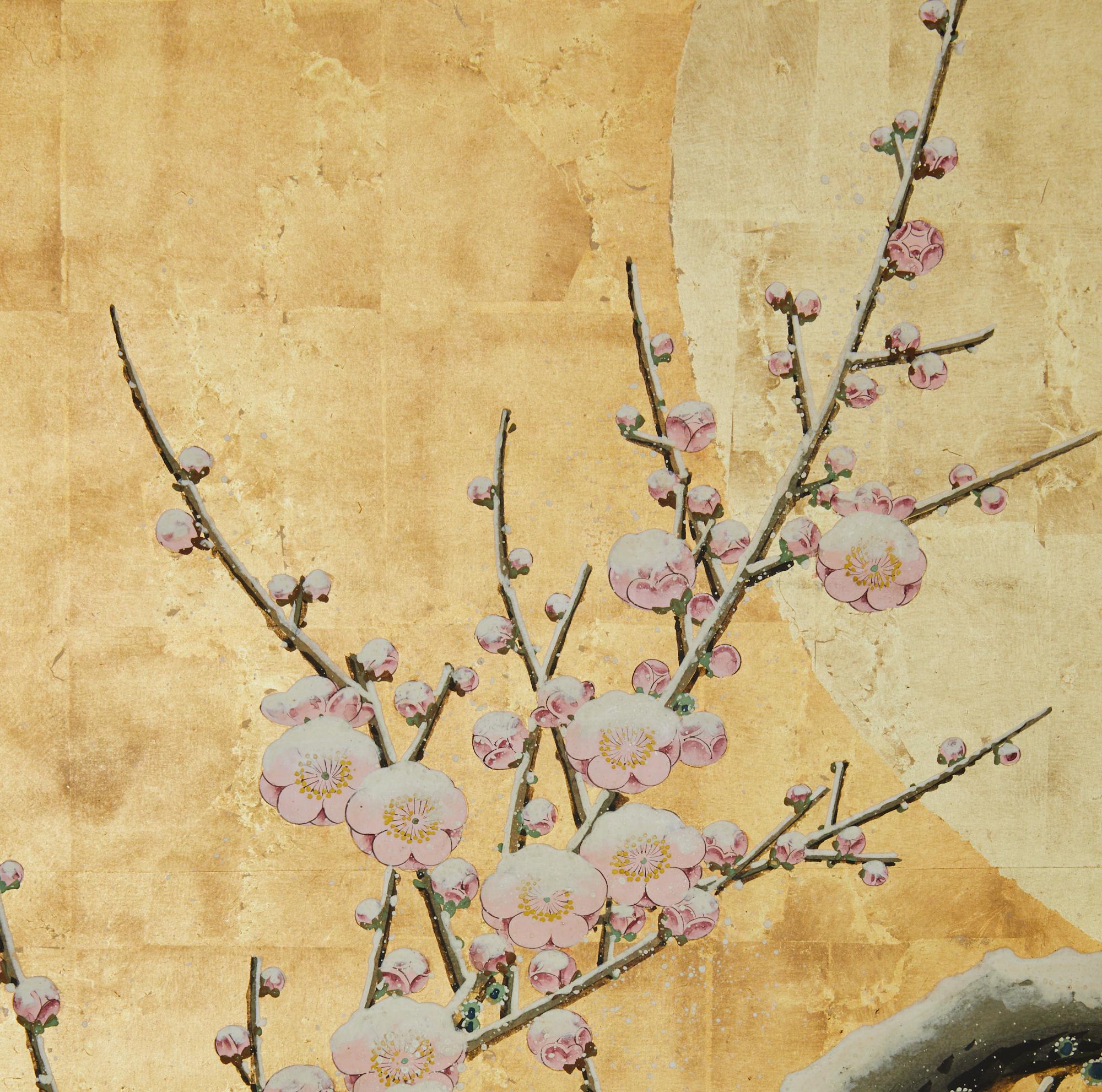 Paravent japonais à deux panneaux : paysage d'hiver sous lumière de la lune Bon état - En vente à Hudson, NY