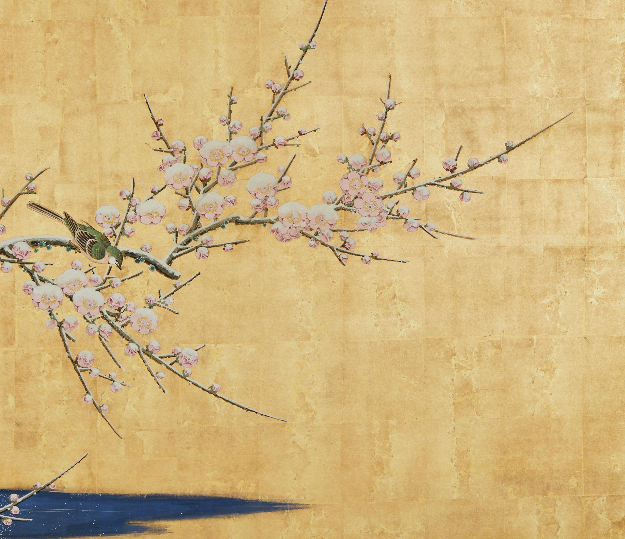 XIXe siècle Paravent japonais à deux panneaux : paysage d'hiver sous lumière de la lune en vente