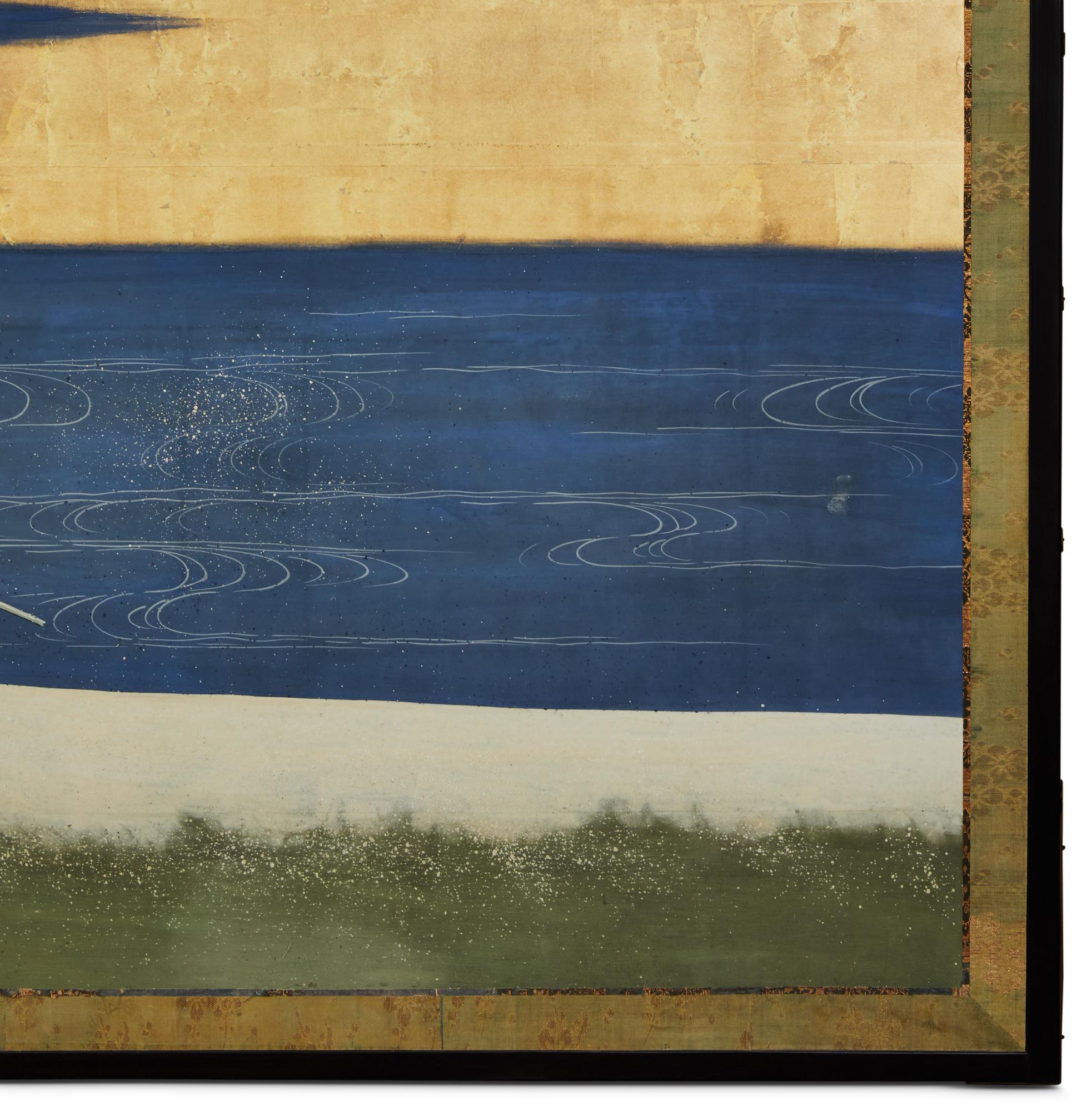 Bronze Paravent japonais à deux panneaux : paysage d'hiver sous lumière de la lune en vente