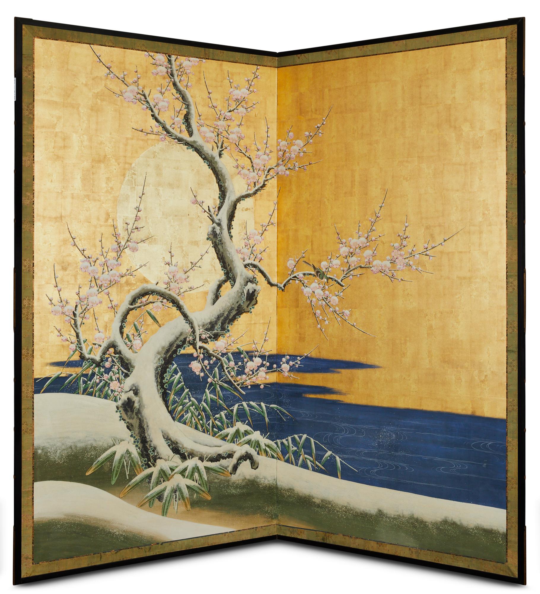 Paravent japonais à deux panneaux : paysage d'hiver sous lumière de la lune en vente 1