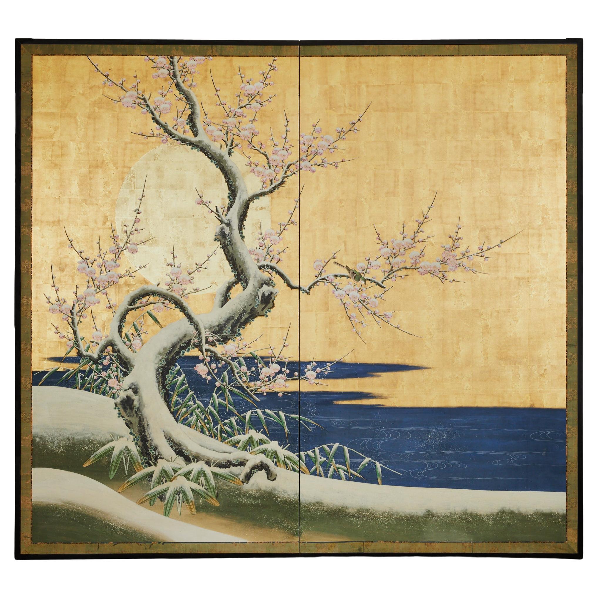 Japanese Two Panel Screen: Winter Landscape Under Moonlight