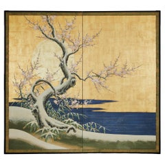 Antique Japanese Two Panel Screen: Winter Landscape Under Moonlight