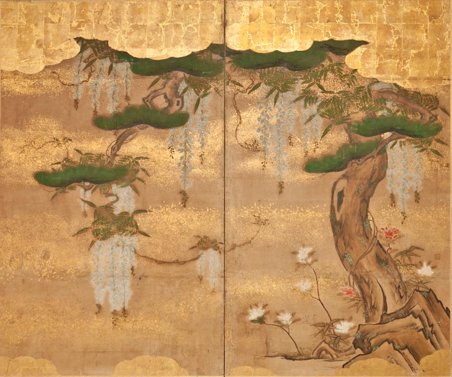 Japanese Two Panel Screen: Wisteria and Pine.  Edo period (Early 19th century) painting, beautifully executed with heavy gold clouds.  Painted in mineral pigments on mulberry paper with gold leaf and gold dust and a silk brocade border.  Seal reads:
