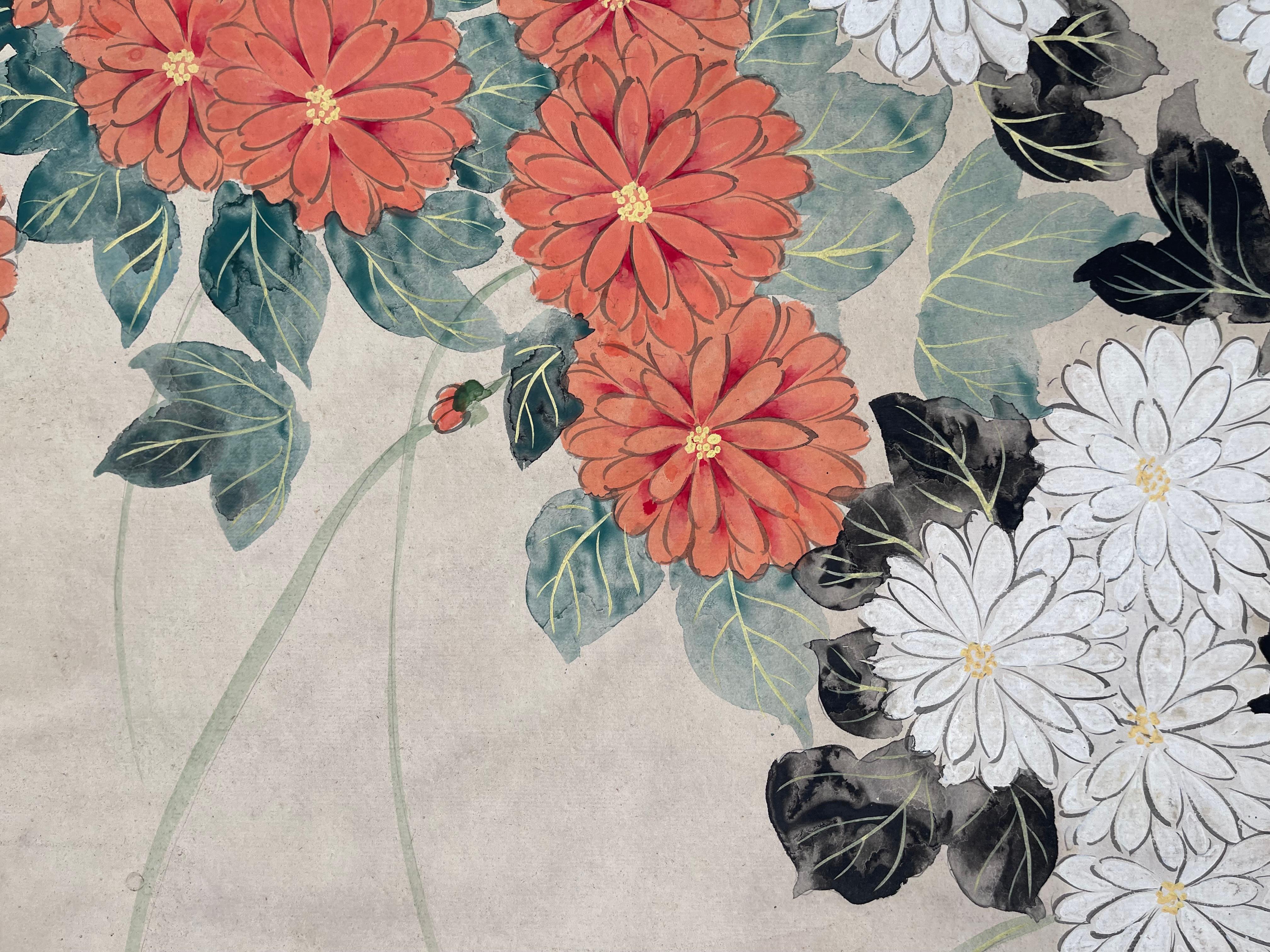 Japanese Two-Panel Screen with Chrysanthemums & Morning Glory Flowers, Ca. 1900 

PERIOD
Meiji/Taisho Period – ca. 1900/1920

DIMENSIONS
Width: 54 inches
Height: 53.5 inches
