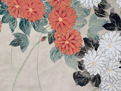 Japanese Two-Panel Screen with Chrysanthemums & Morning Glory Flowers, Ca. 1900