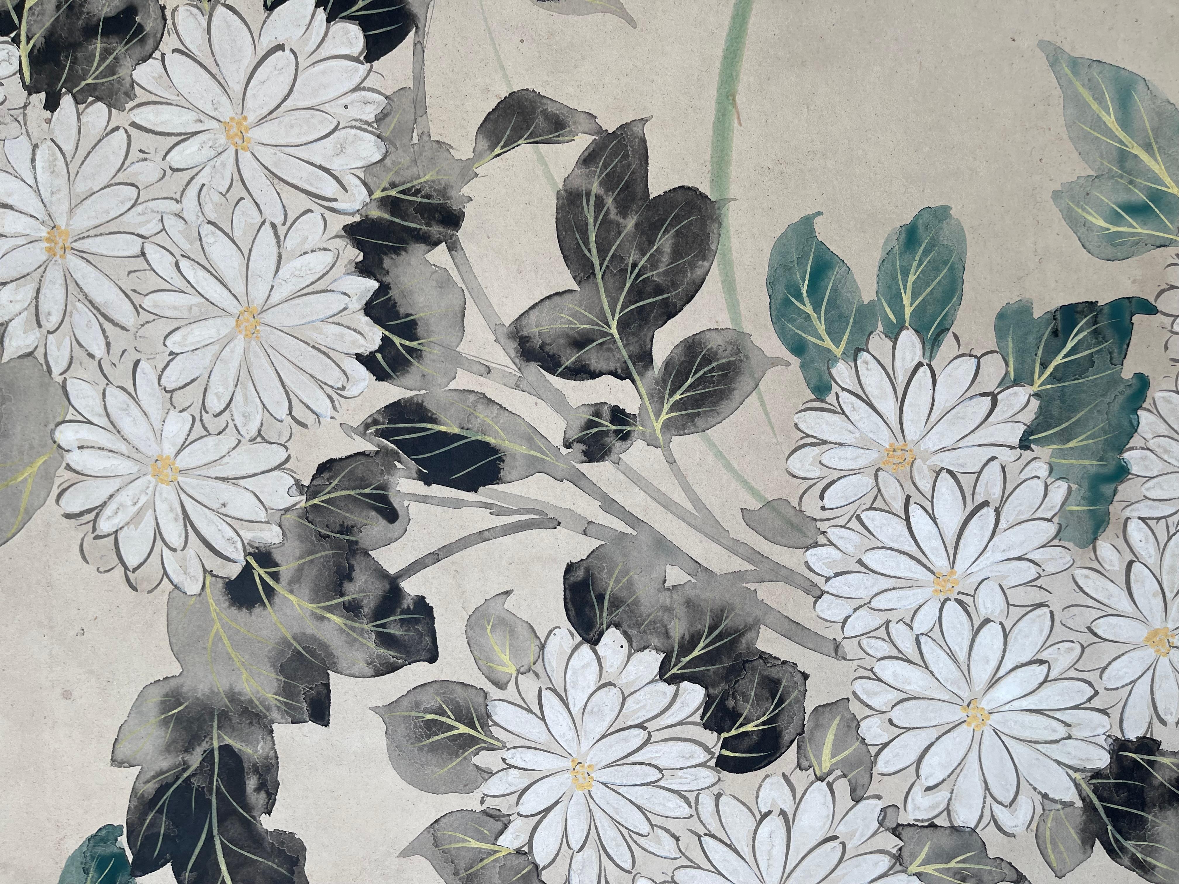 Japonisme Japanese Two-Panel Screen with Chrysanthemums & Morning Glory Flowers, Ca. 1900 For Sale
