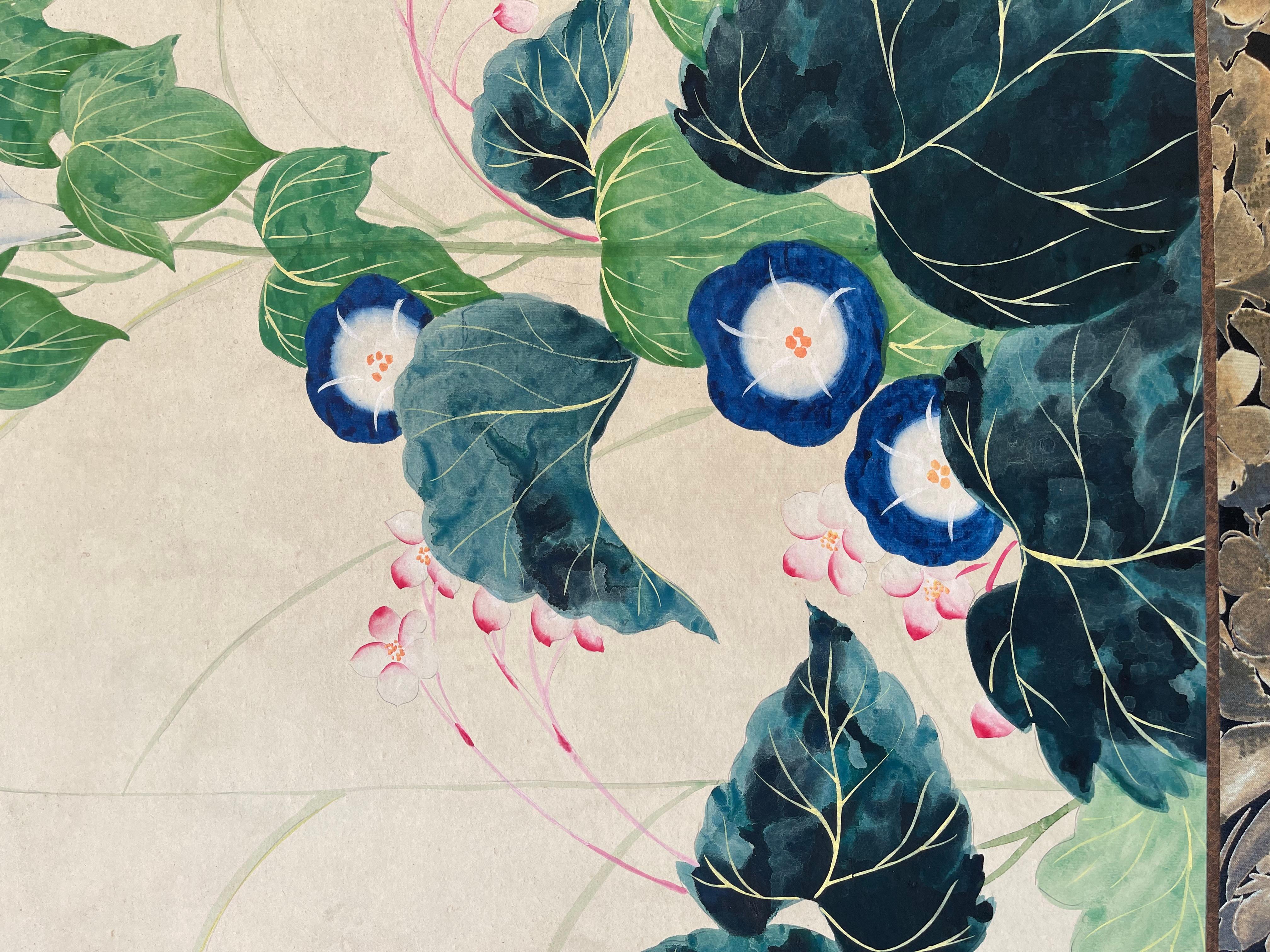 Japanese Two-Panel Screen with Chrysanthemums & Morning Glory Flowers, Ca. 1900 In Good Condition For Sale In New York, NY