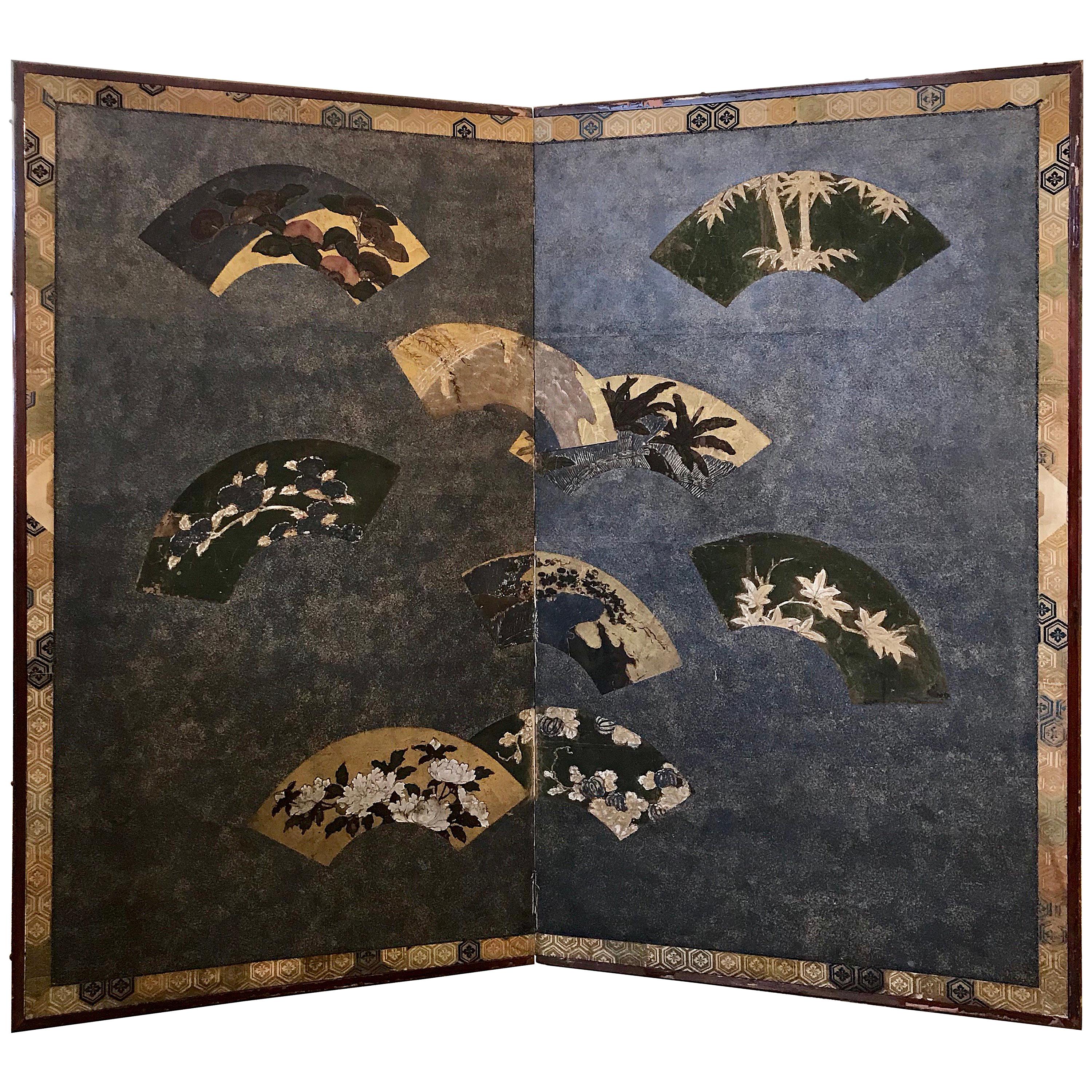 Japanese Two-Panel Screen with Fans For Sale