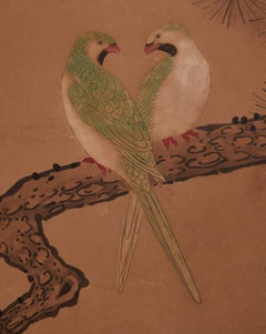 Japanese Two-Panel Screen with Parakeets in Pine Tree, Sesshu School, Mid-19th C