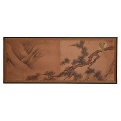 Japanese Two-Panel Screen with Parakeets in Pine Tree, Sesshu School, Mid-19th C