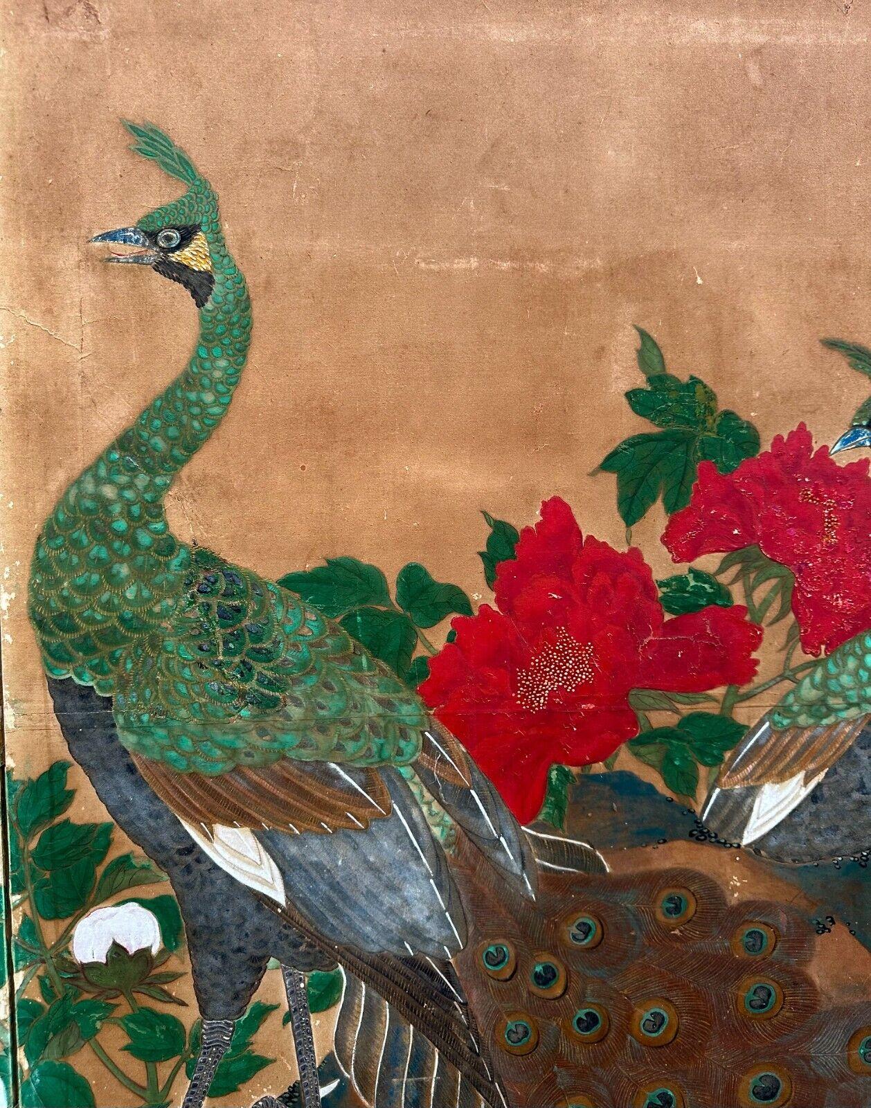 Edo Japanese Two-Panel Screen with Peacocks and Blossoms