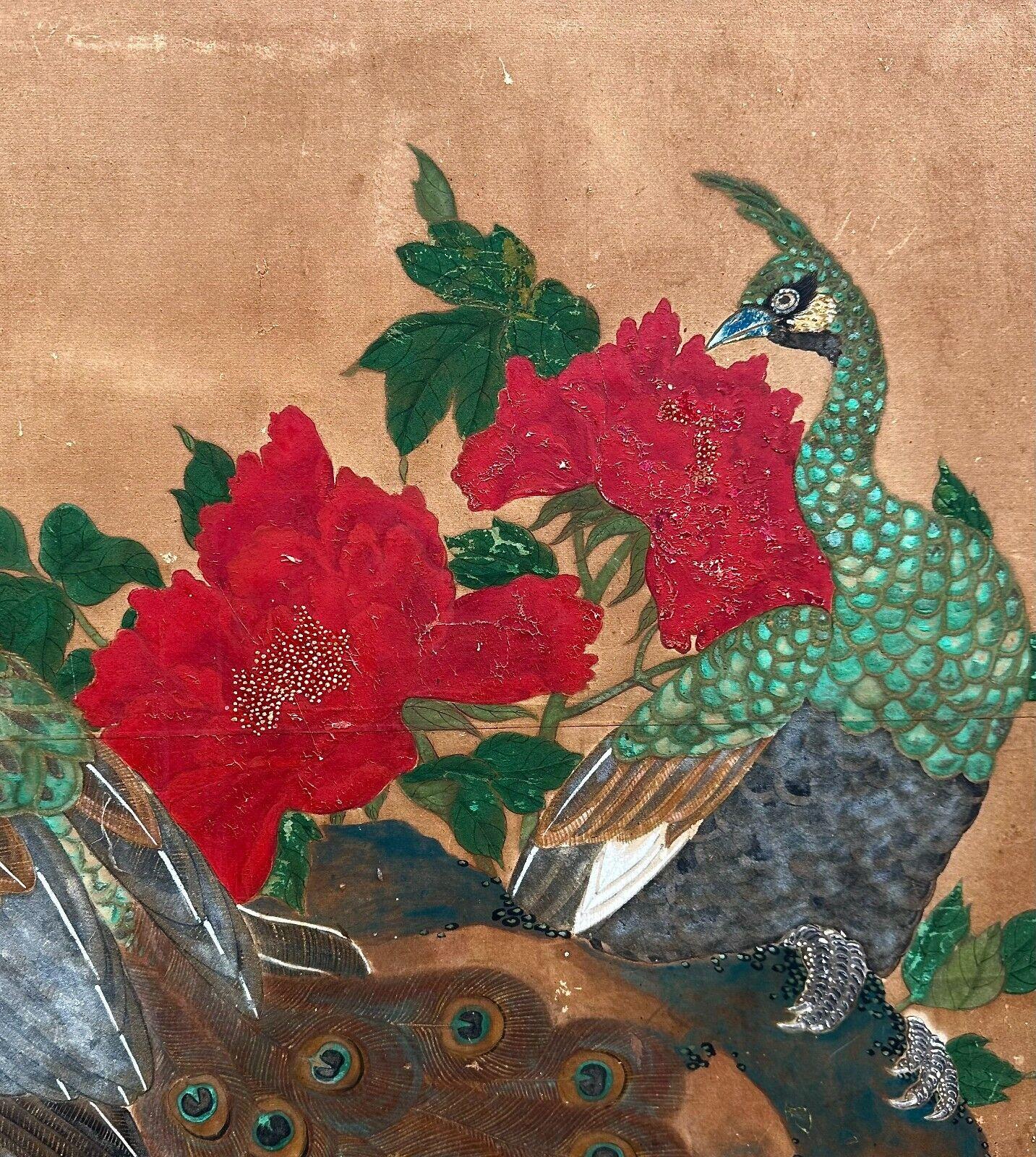 Hand-Painted Japanese Two-Panel Screen with Peacocks and Blossoms