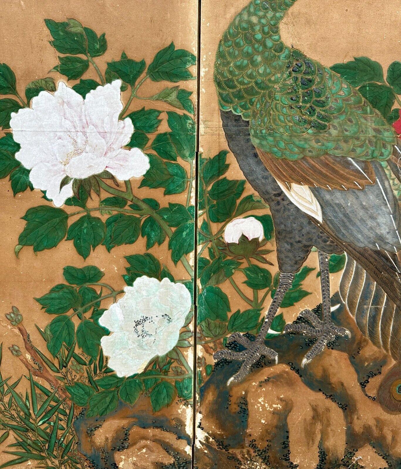 18th Century and Earlier Japanese Two-Panel Screen with Peacocks and Blossoms