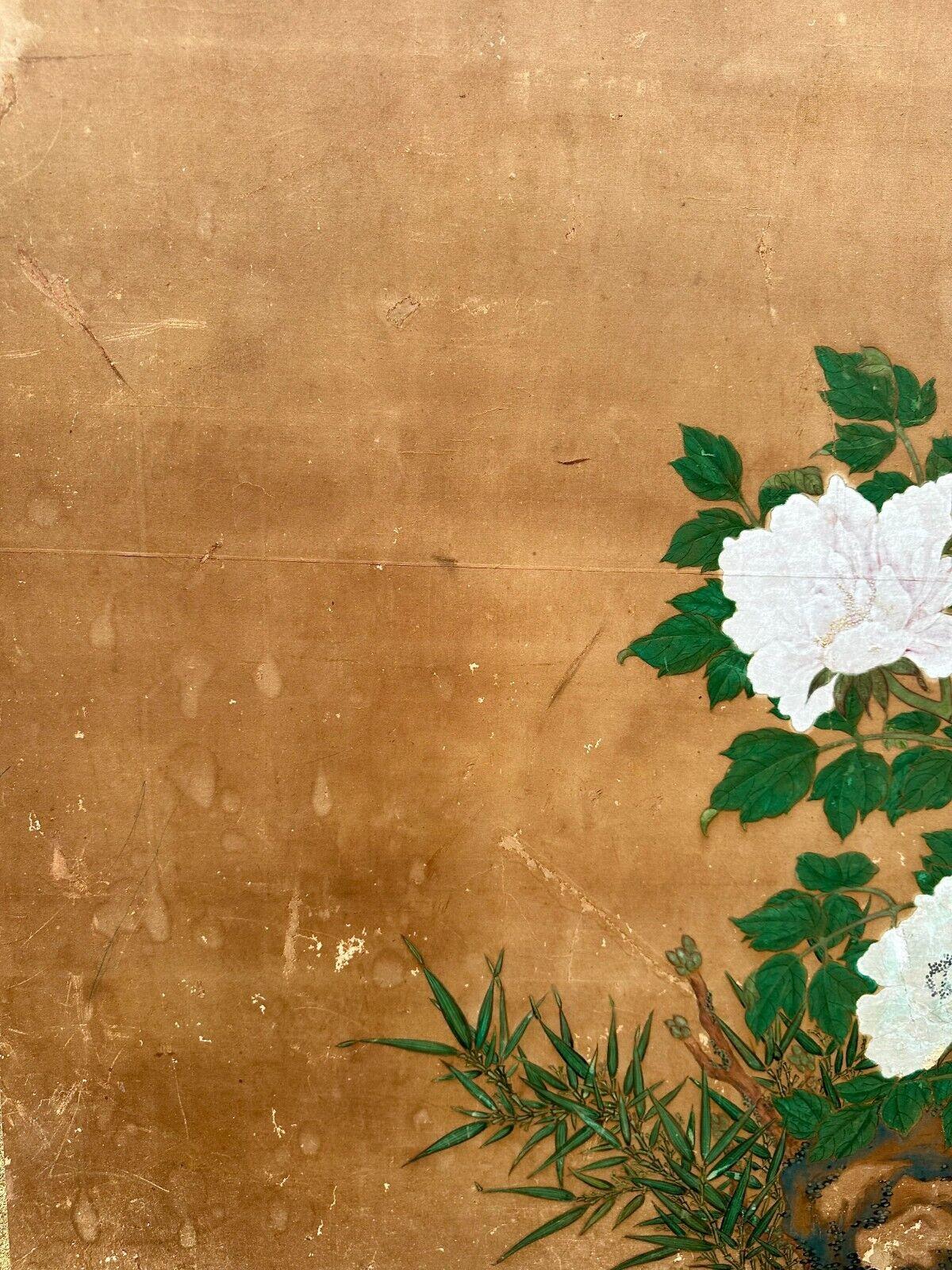 Wood Japanese Two-Panel Screen with Peacocks and Blossoms