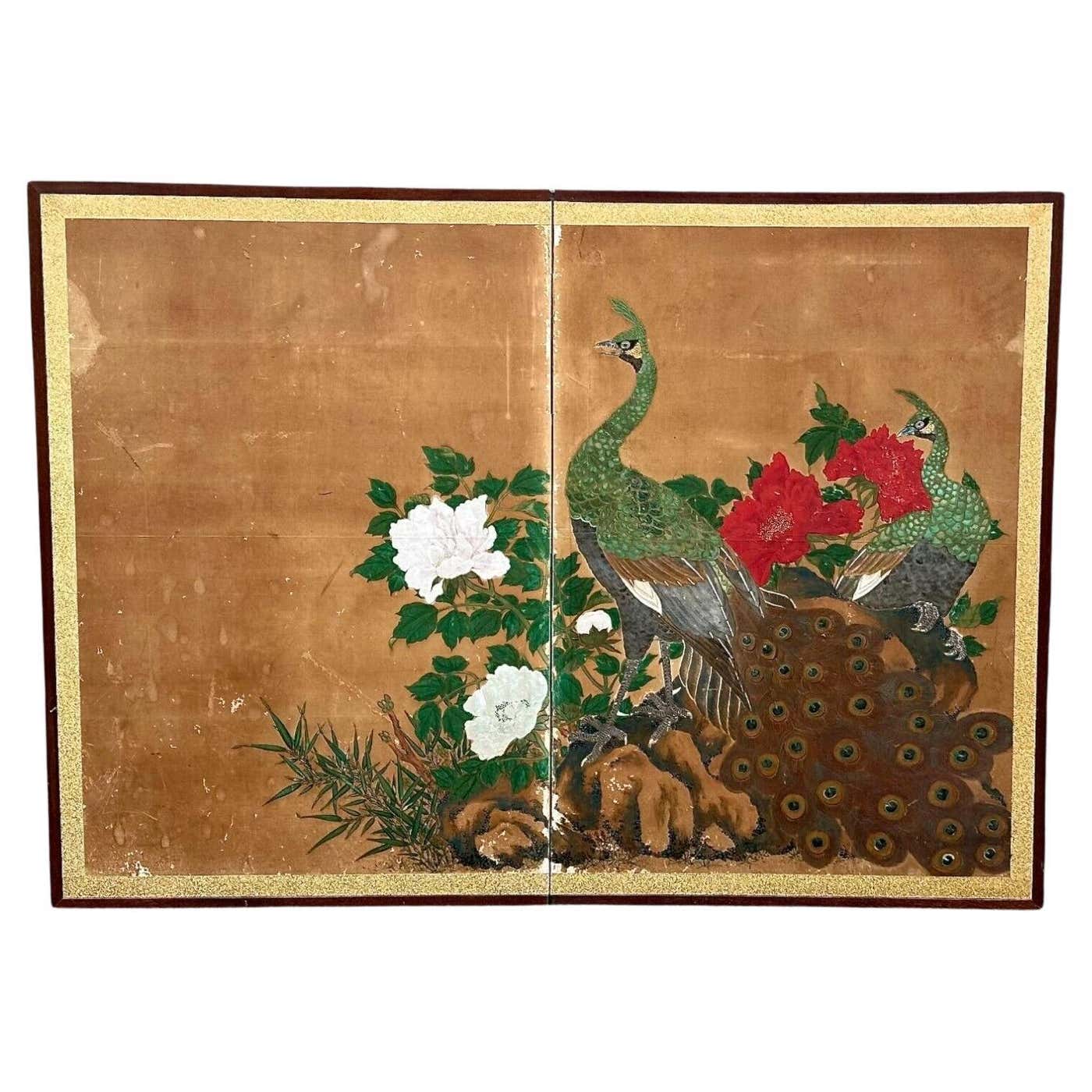 Two Panel Asian Screen Japanese Two-Panel Screen with Peacocks and Blossoms For Sale at 1stDibs