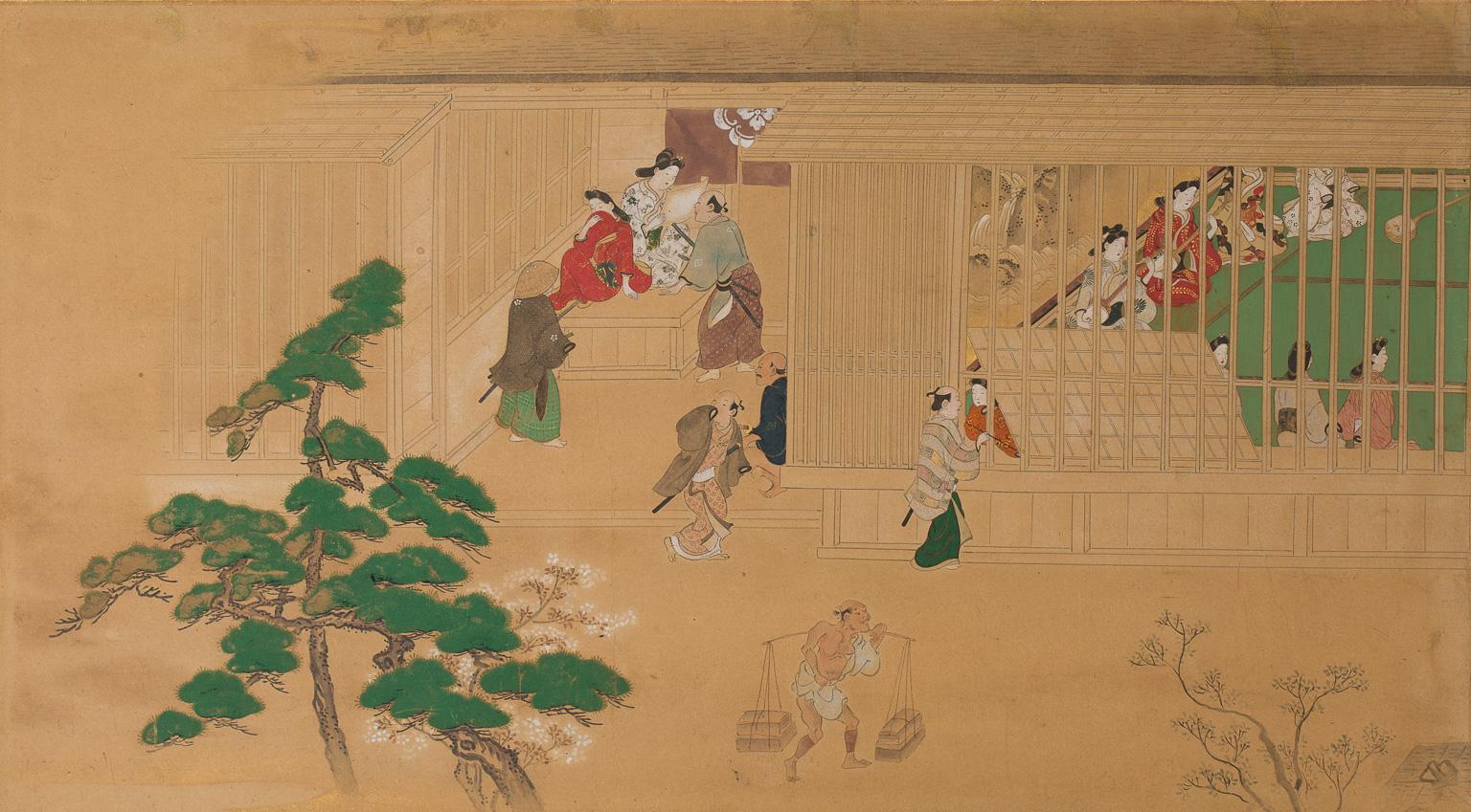 In the pleasure districts, the stringent codes were meant to be forgotten. In this painting, some clients are watching from outside the teahouse, while some are entering, one of them with the face hidden under a large basket hat. This ukiyo-e screen