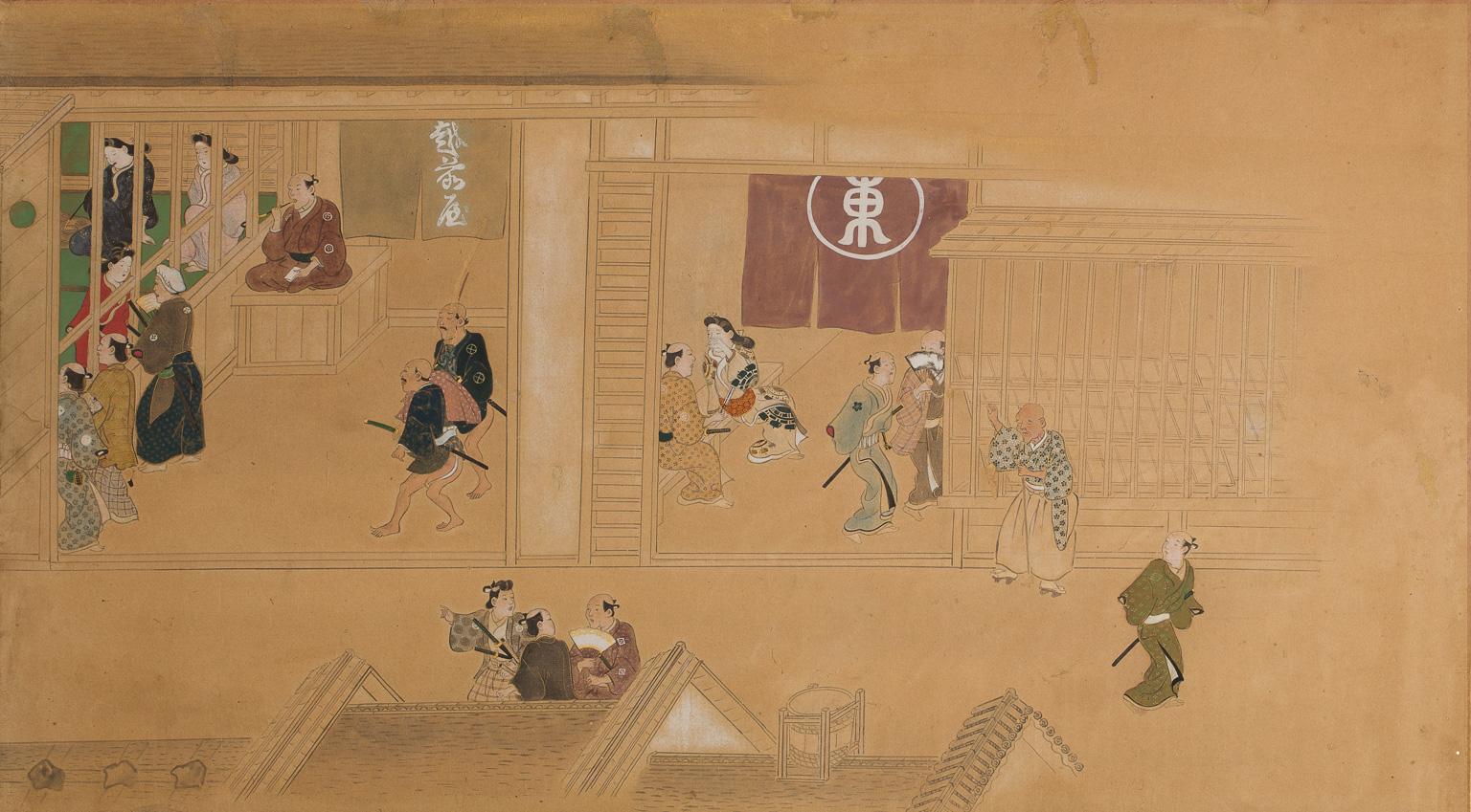 Painted Japanese Two-Panel Screen with Scenes at the Pleasure Quarters, 18th Century For Sale