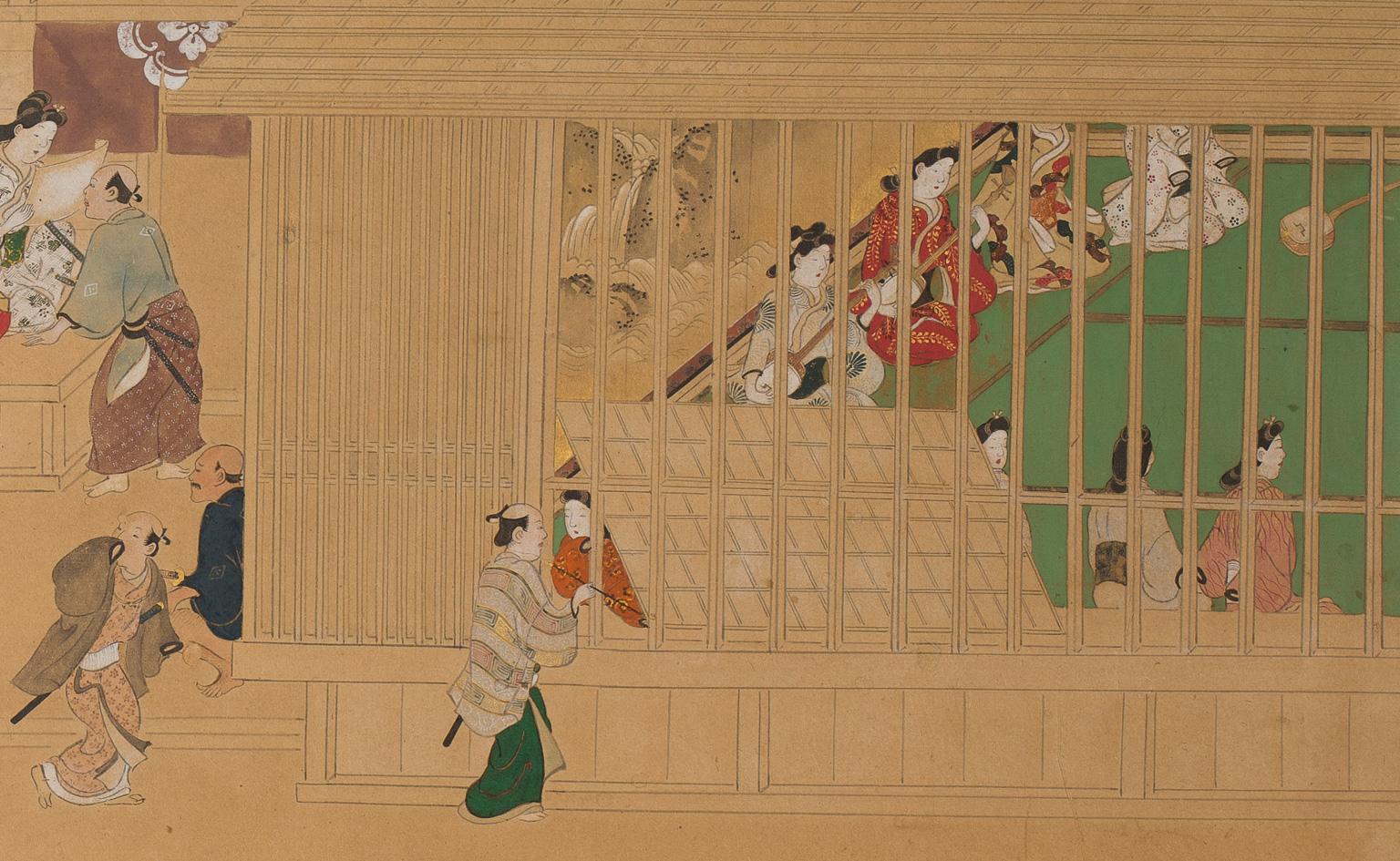 18th Century and Earlier Japanese Two-Panel Screen with Scenes at the Pleasure Quarters, 18th Century For Sale
