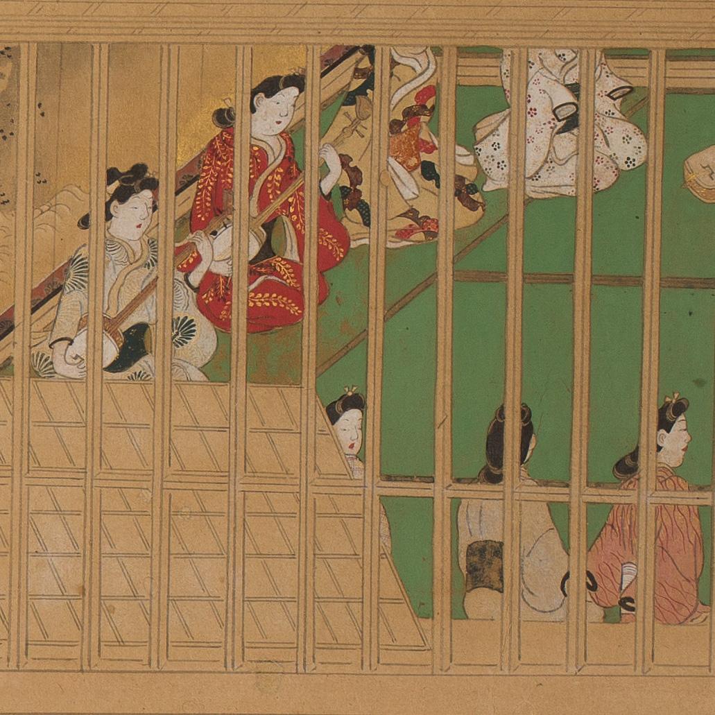 Paper Japanese Two-Panel Screen with Scenes at the Pleasure Quarters, 18th Century For Sale