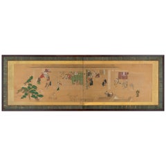 Japanese Two-Panel Screen with Scenes at the Pleasure Quarters, 18th Century