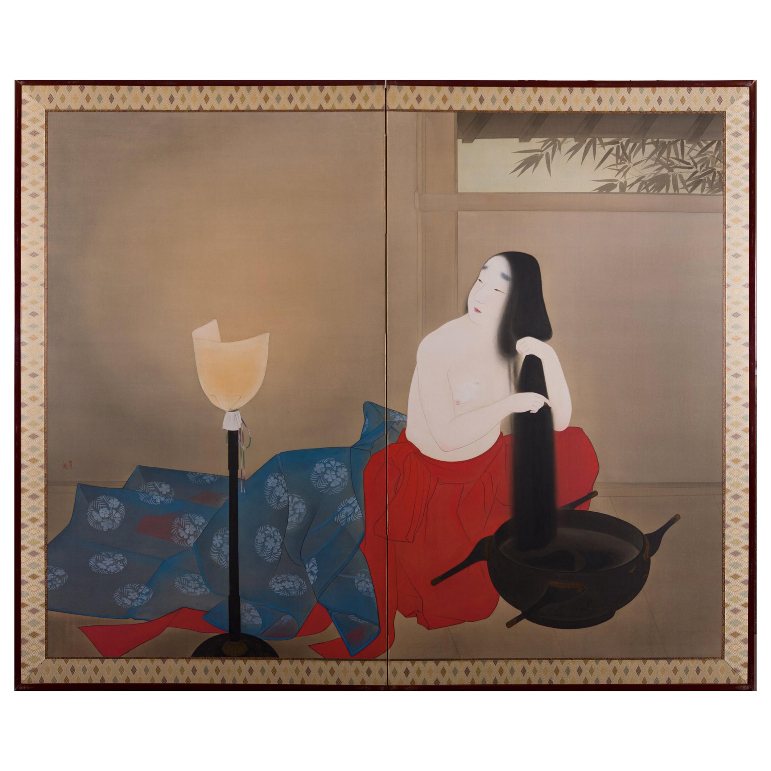 Japanese Two-Panel Screen Woman Washing Her Hair by Candlelight For Sale