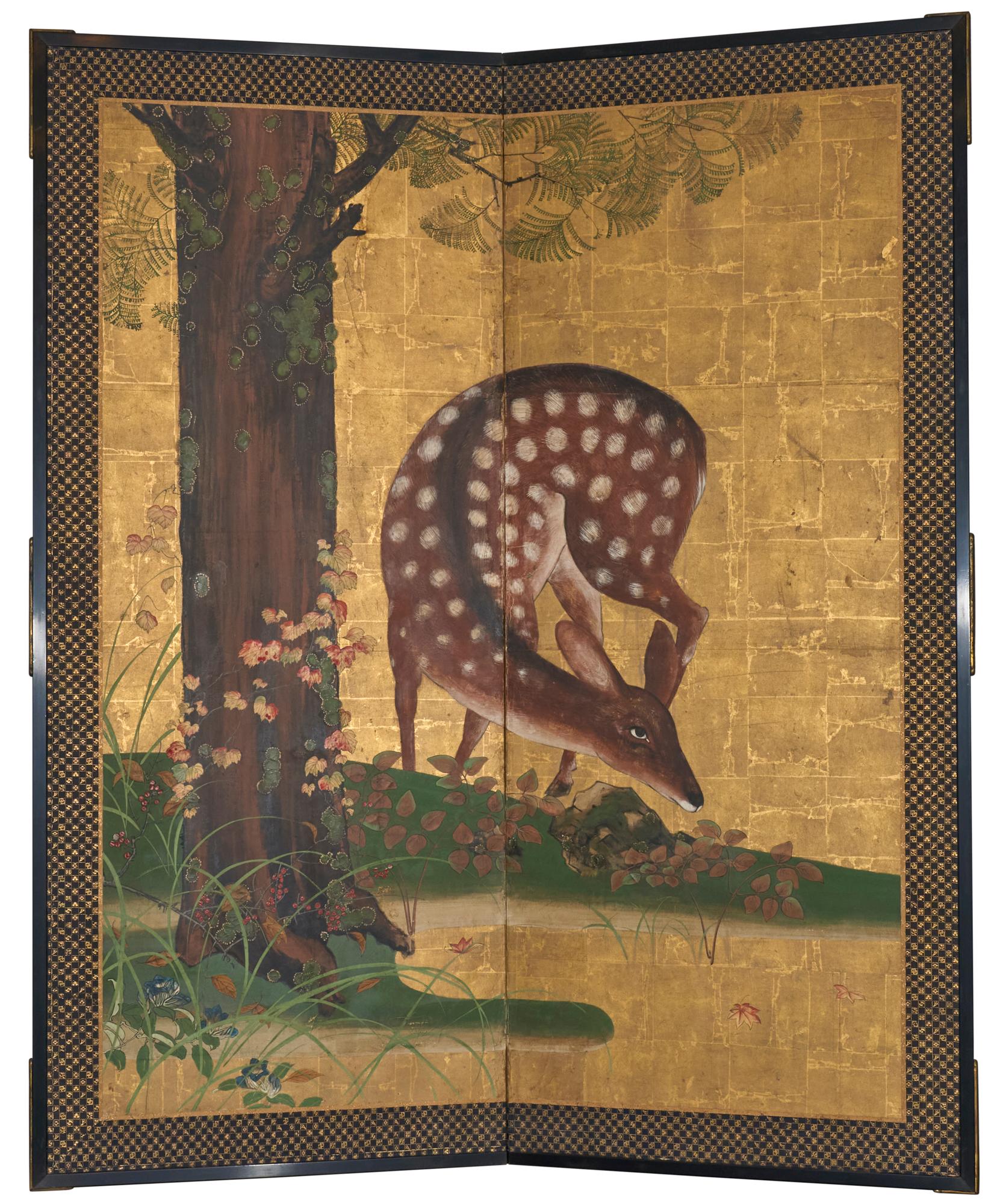 Japanischer Zwei-Panel-Bildschirm: Woodland Deer im Angebot 6