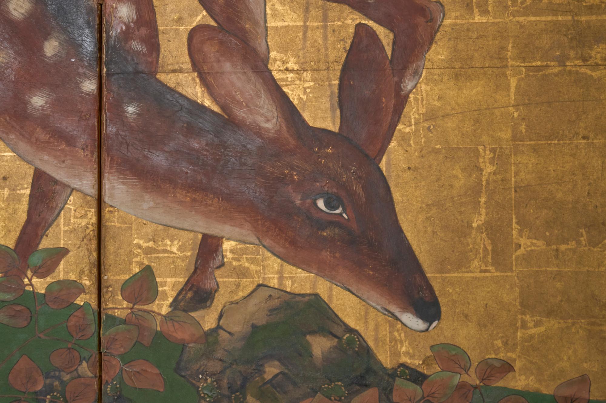 Japanischer Zwei-Panel-Bildschirm: Woodland Deer im Zustand „Gut“ im Angebot in Hudson, NY