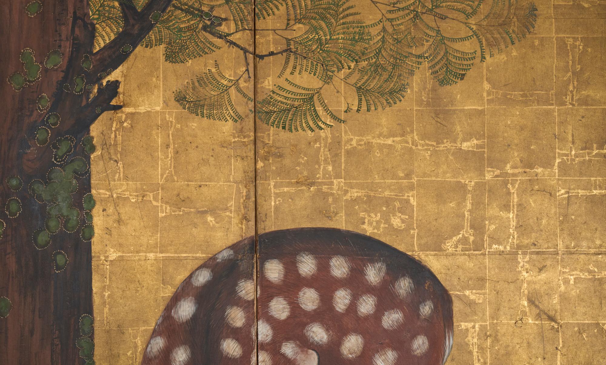 Japanischer Zwei-Panel-Bildschirm: Woodland Deer (19. Jahrhundert) im Angebot