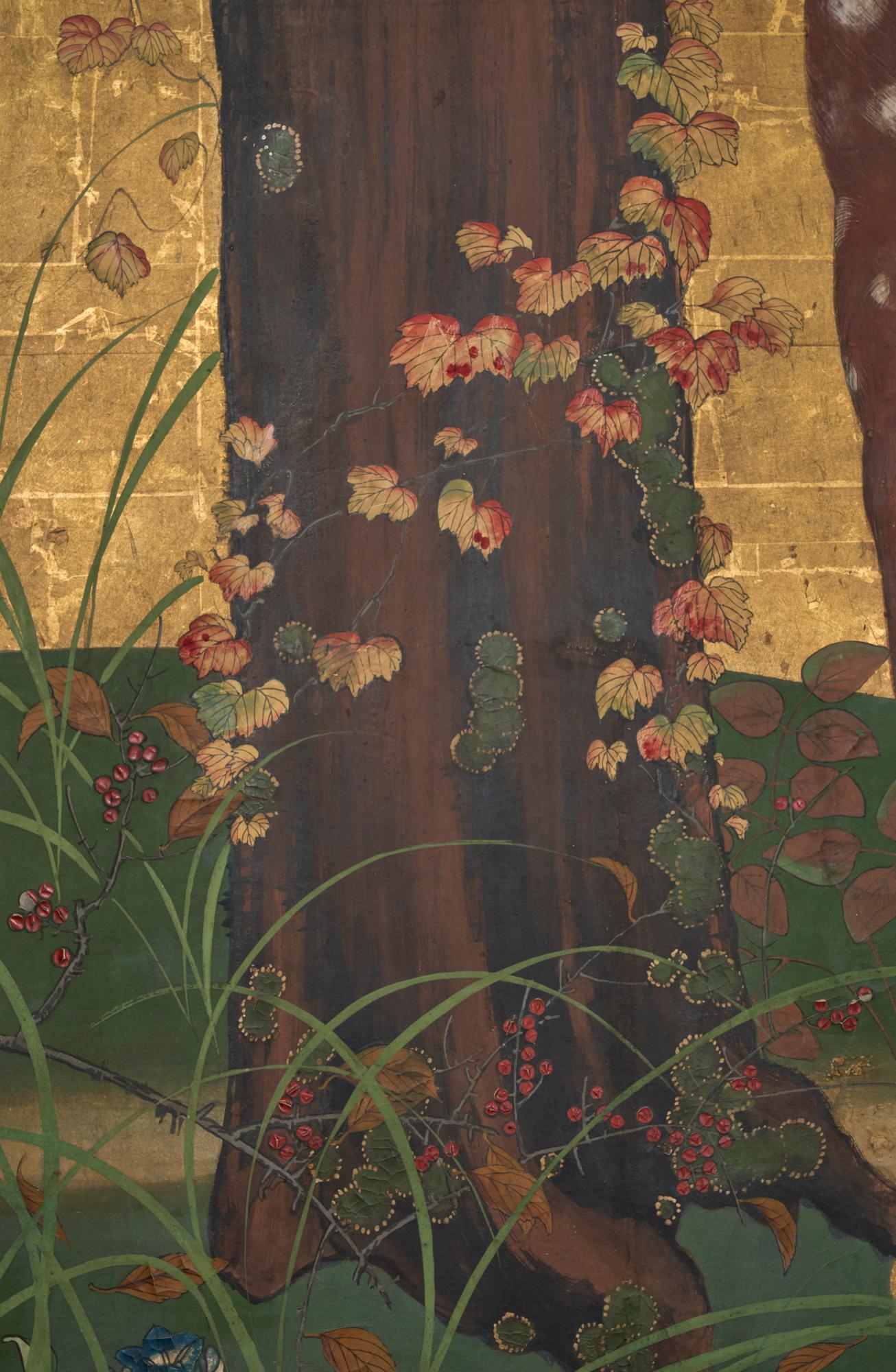 Japanischer Zwei-Panel-Bildschirm: Woodland Deer (Bronze) im Angebot