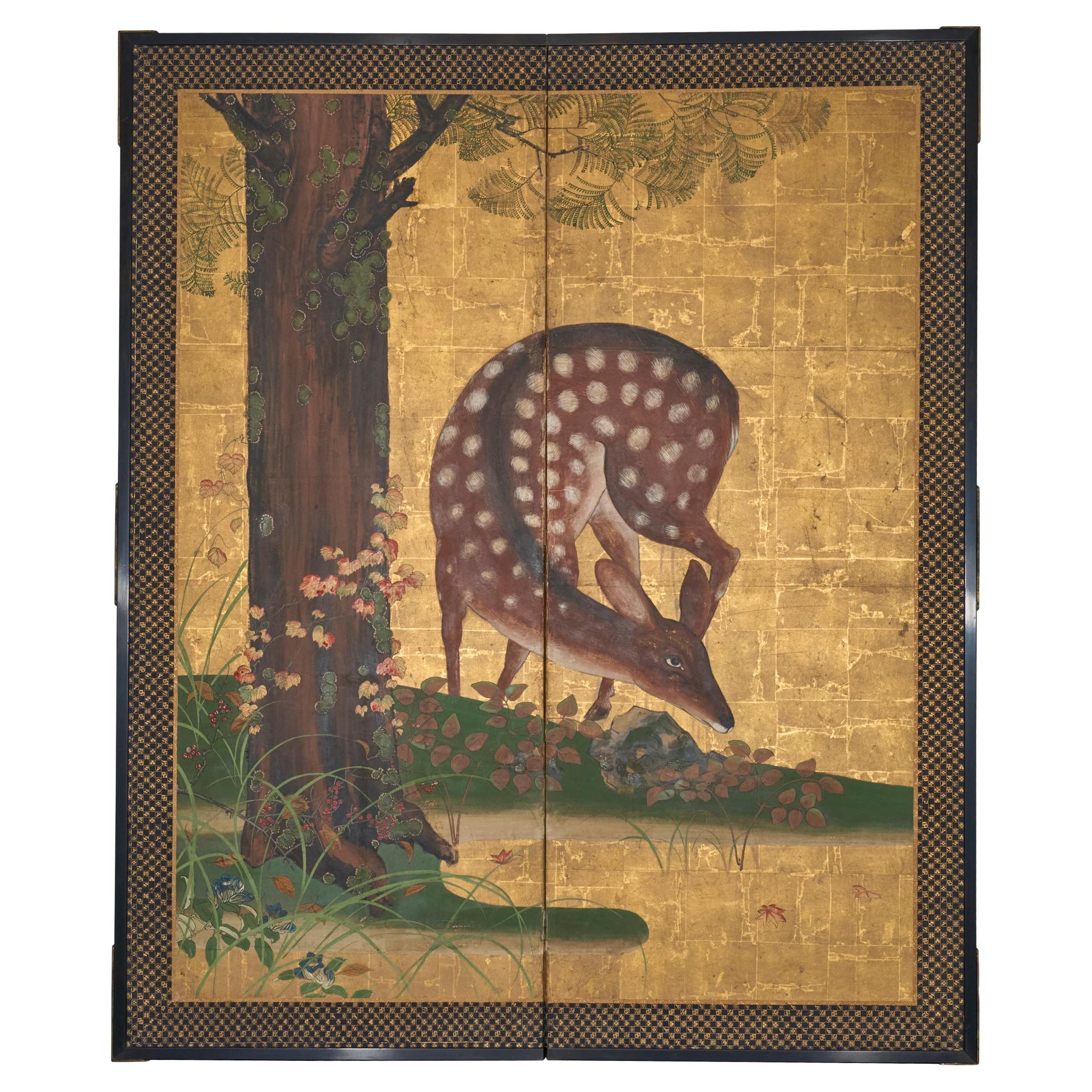 Japanischer Zwei-Panel-Bildschirm: Woodland Deer