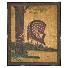 Japanese Two Panel Screen: Woodland Deer