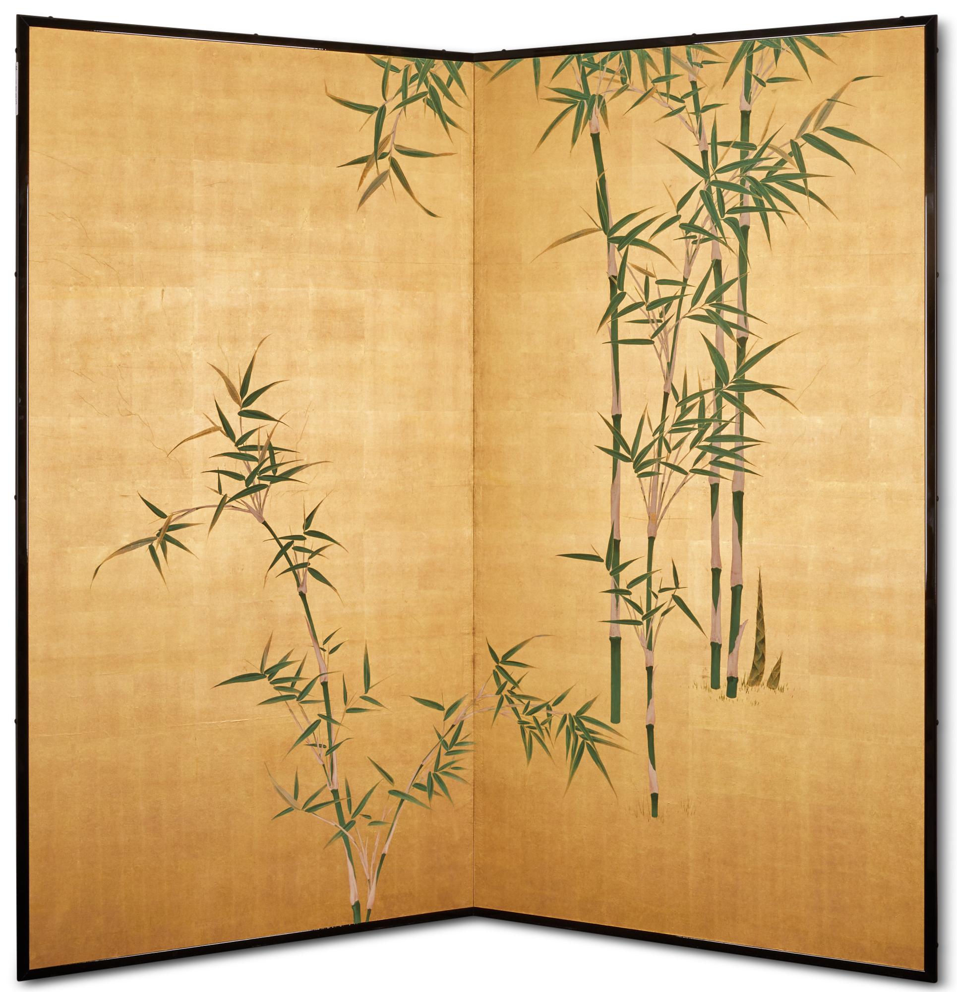 Japanese Two Panel Screen: Young Bamboo on Gold For Sale 4