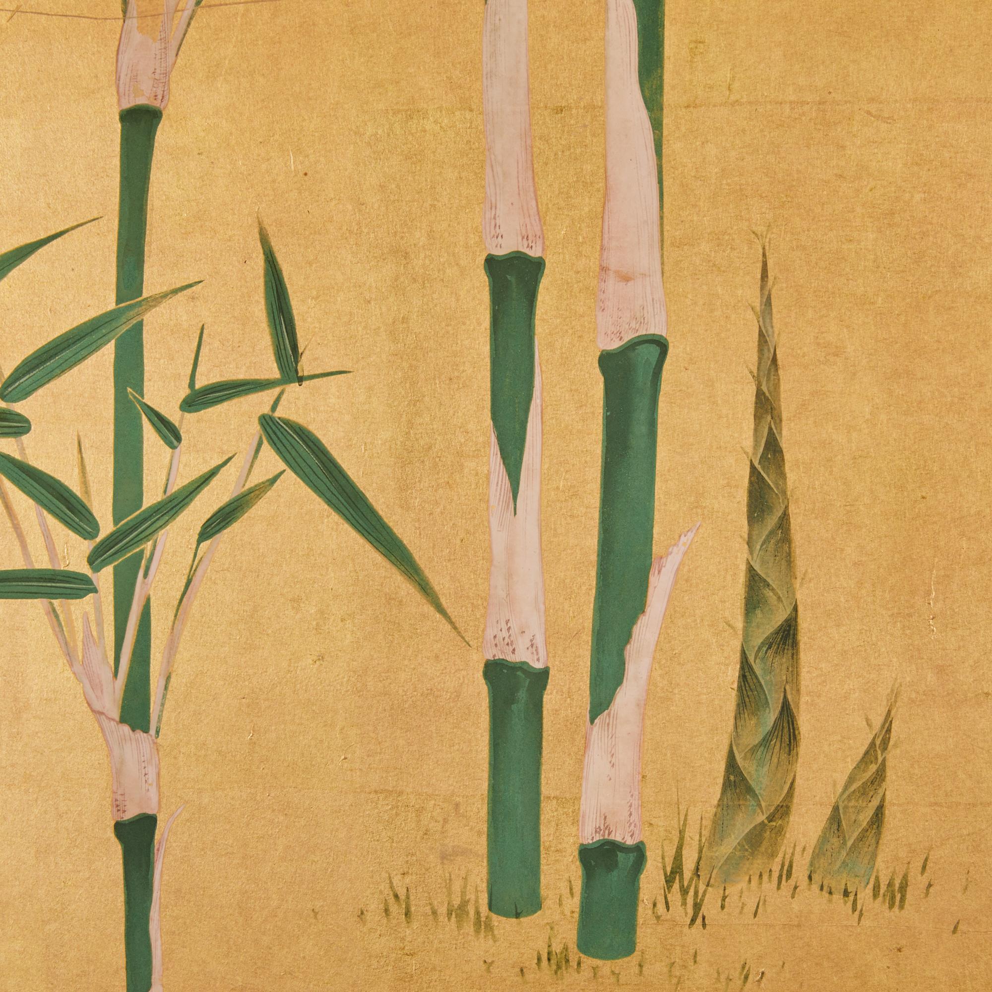 Japonais Paravent japonais à deux panneaux : jeune bambou sur or en vente