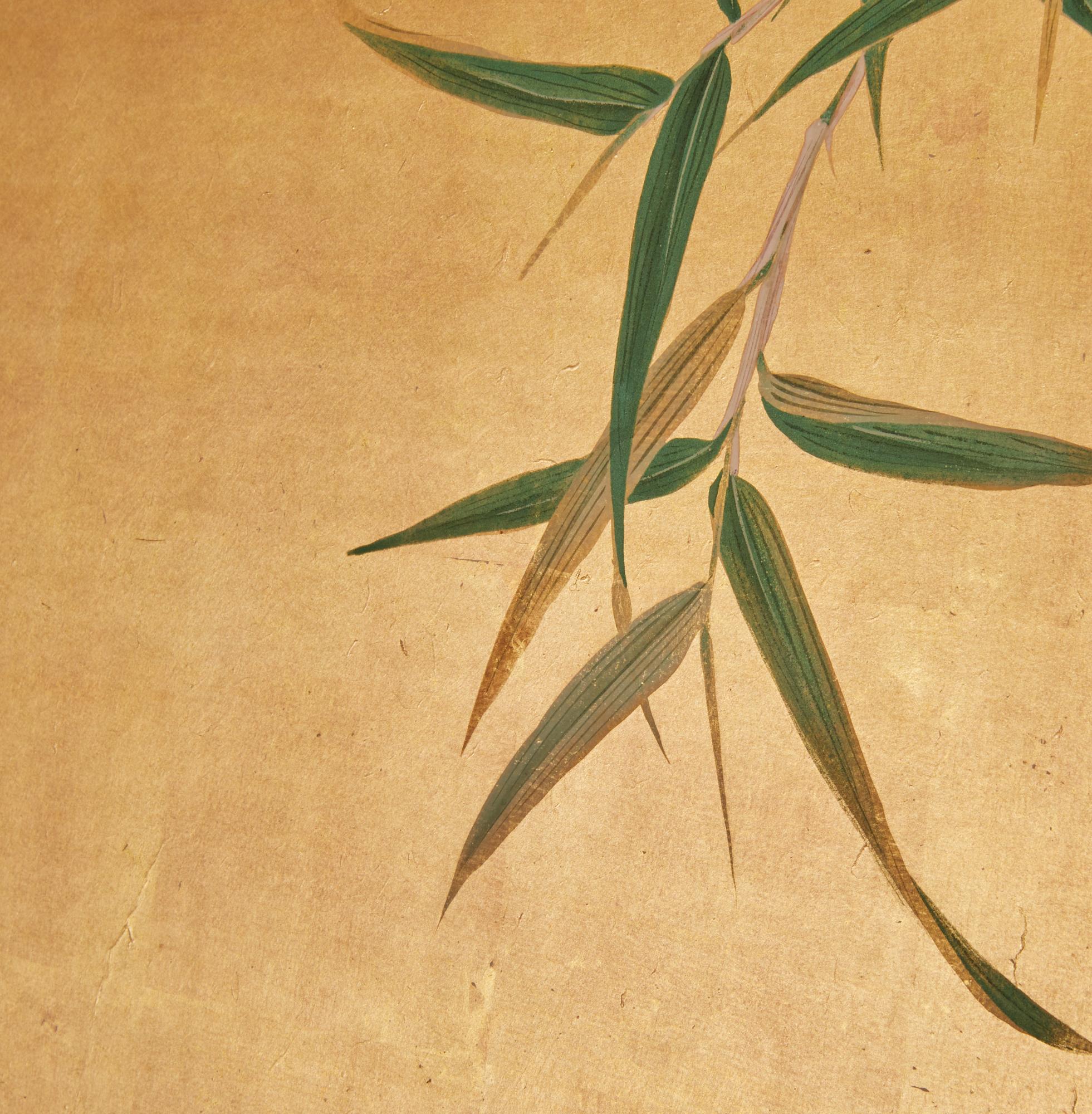 XIXe siècle Paravent japonais à deux panneaux : jeune bambou sur or en vente