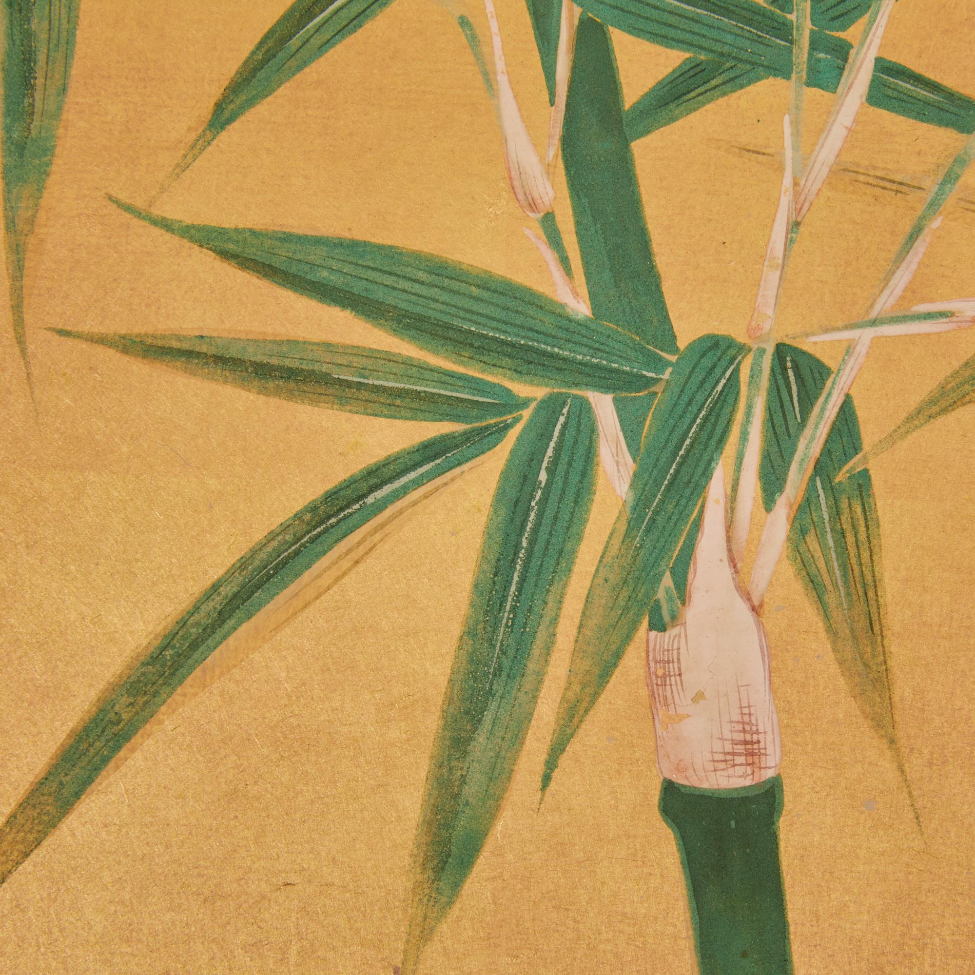 Or Paravent japonais à deux panneaux : jeune bambou sur or en vente